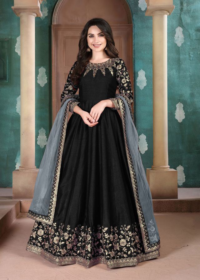 Black Adda Silk Heavy Embroidery with Embroidered bordered Border Dupatta  Anarkali Suits
