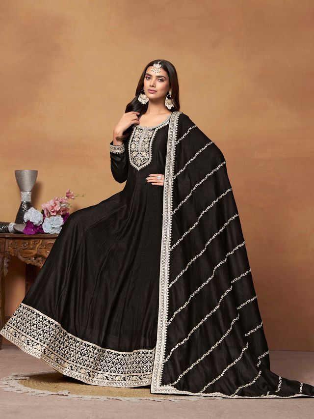 Black Anarkali Suit With Heavy Thread Embroidery With Sequis Work