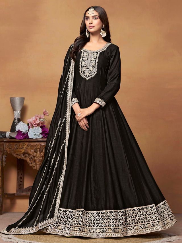 Black Anarkali Suit With Heavy Thread Embroidery With Sequis Work