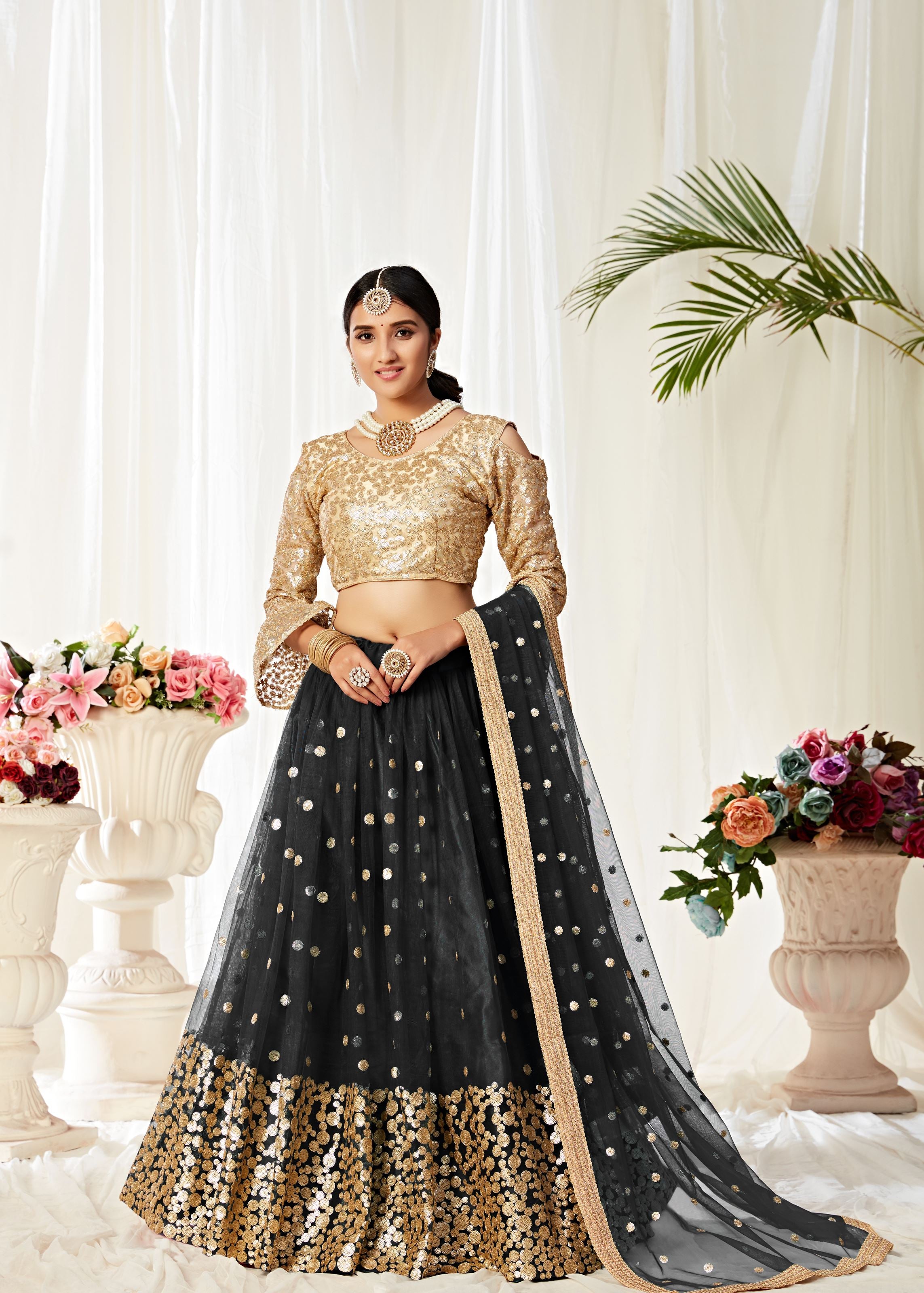 Black And Golden Lehenga Choli With Sequins And Thread Embroidered Work