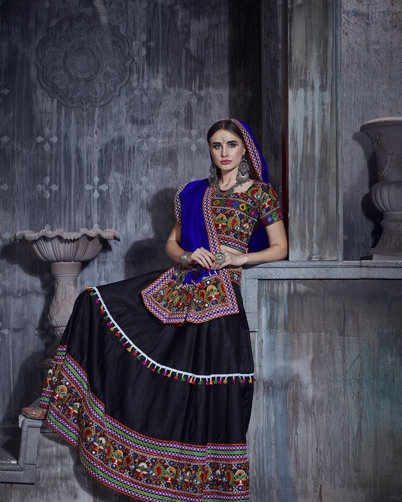 Black And Royal Blue Navratri Chaniya Choli With Gamthi Work And Lace Work