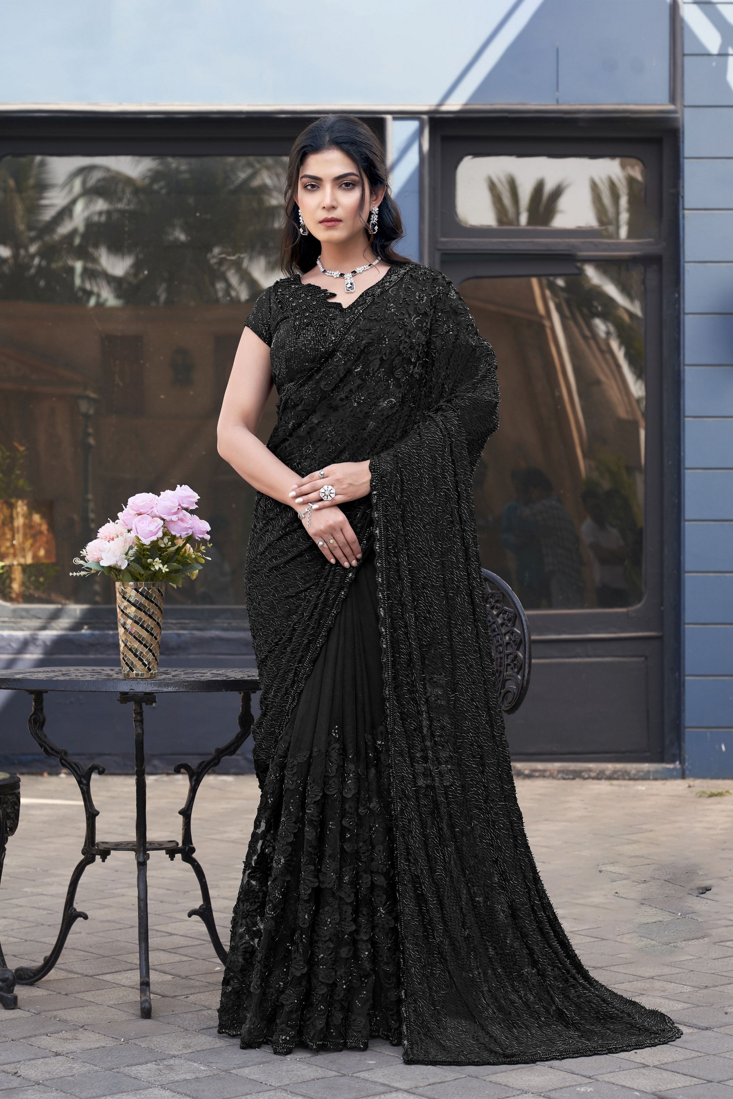 Black Armani Tulle Designer Sequance Embroidery With Applique With Beads Work Wedding Season Saree