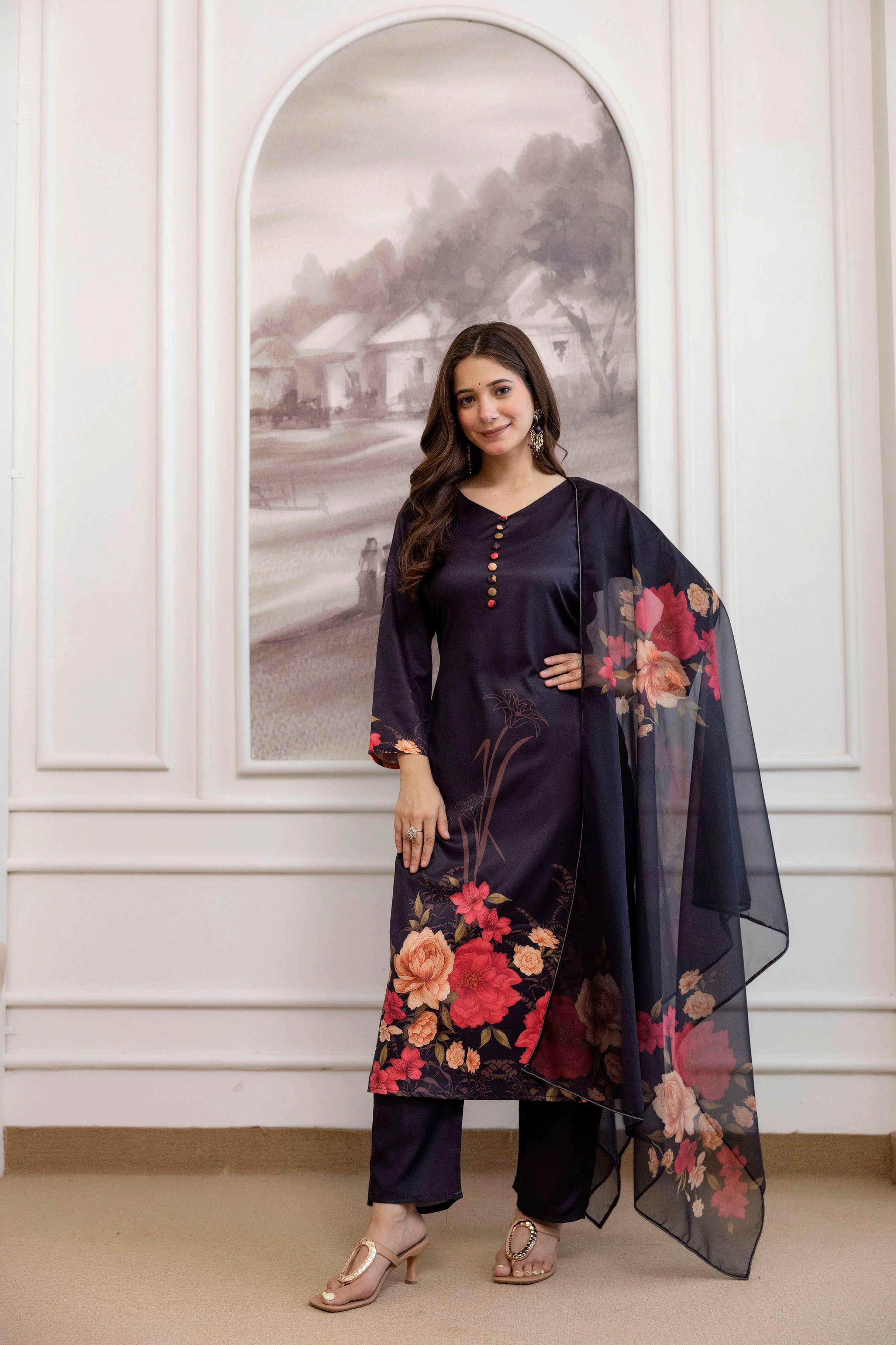 Black Assam Silk Kurta Pant Set  Printed