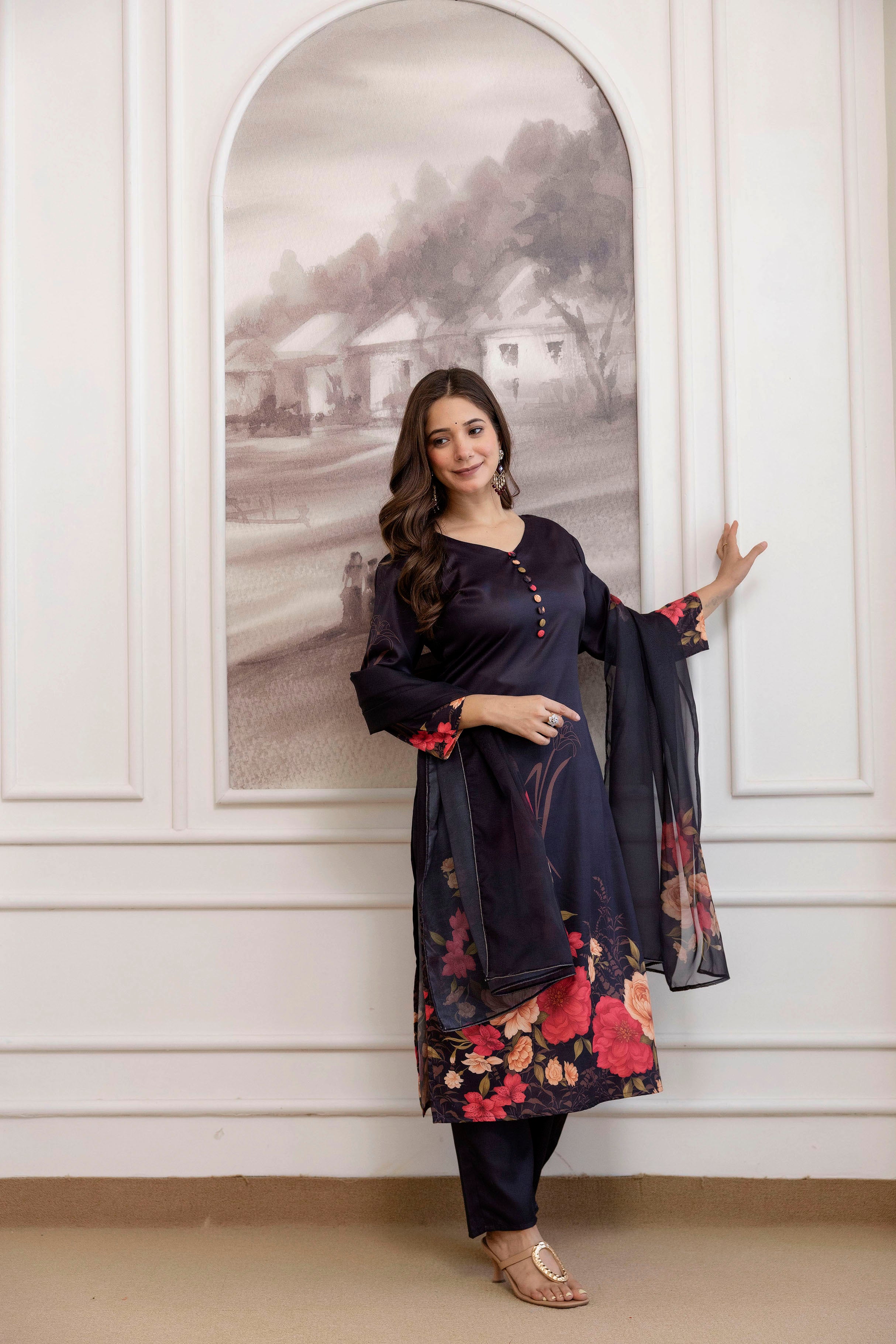 Black Assam Silk Kurta Pant Set  Printed