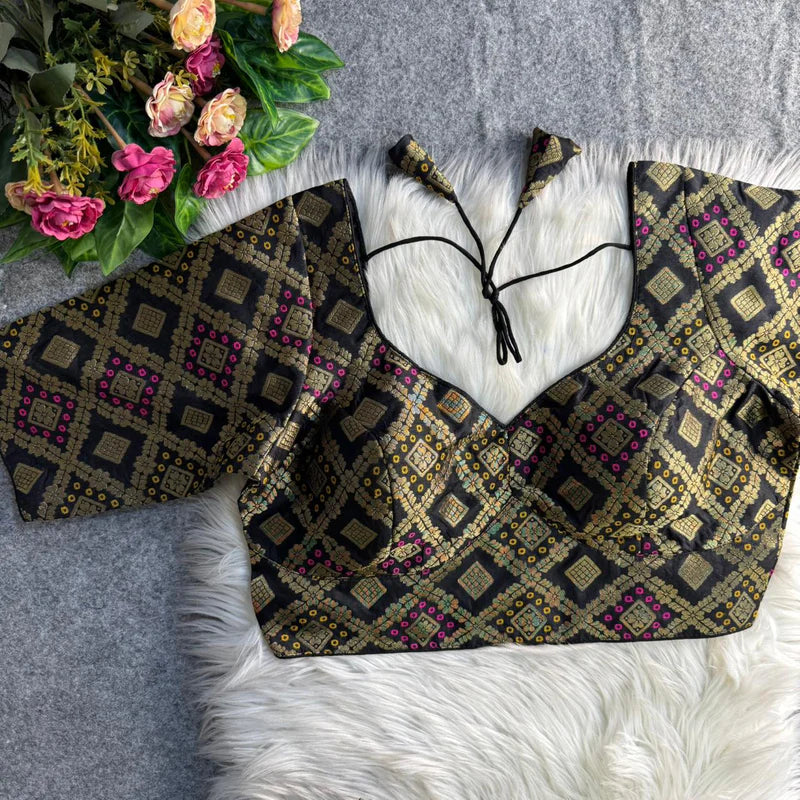 Black Banarasi Jacquard Patola Designer Blouse  Silk Partywear Readymade Blouse
