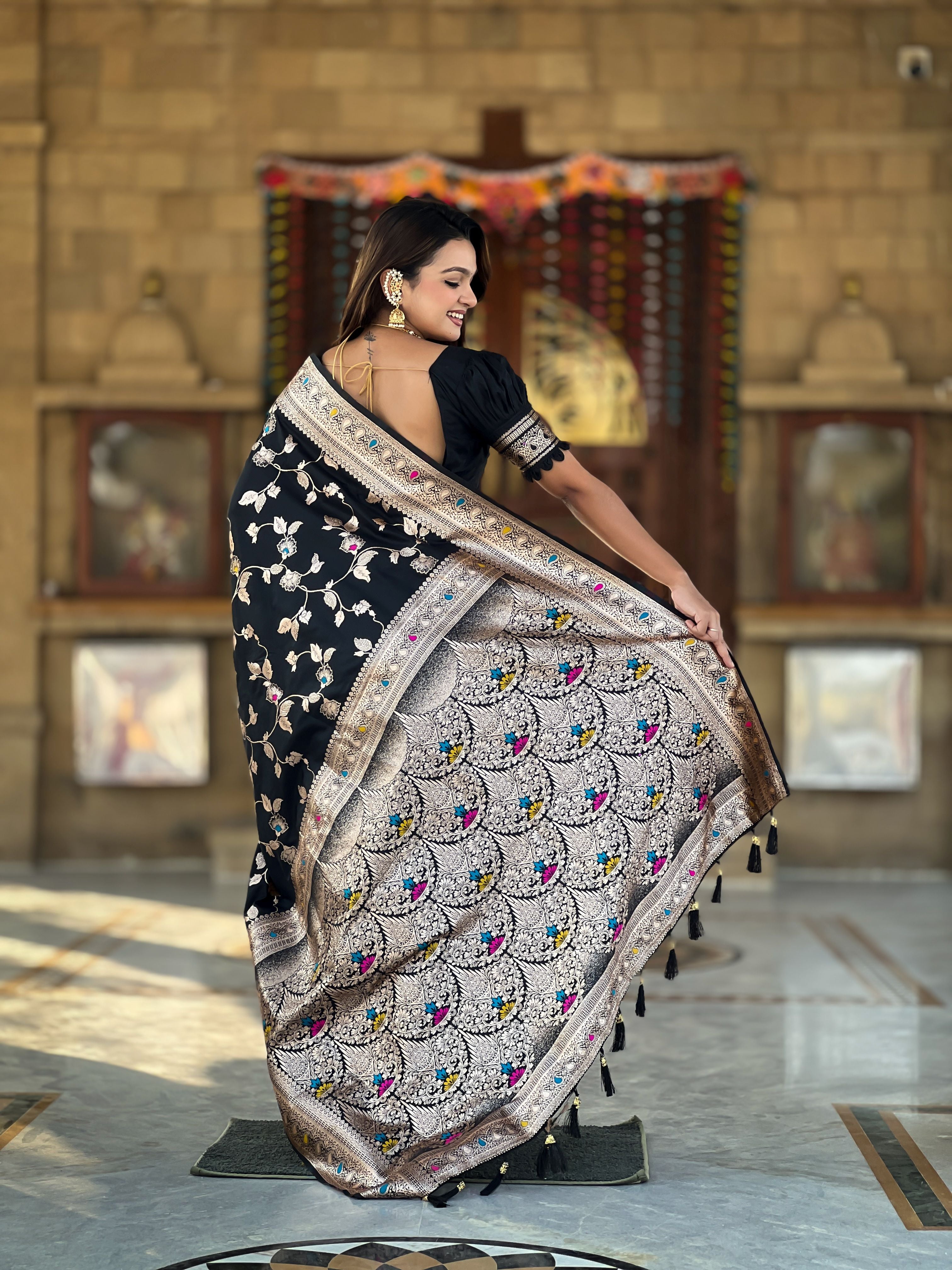 Black Banarasi Silk Woven Jacquard Designer Ceremonial Partywear Saree