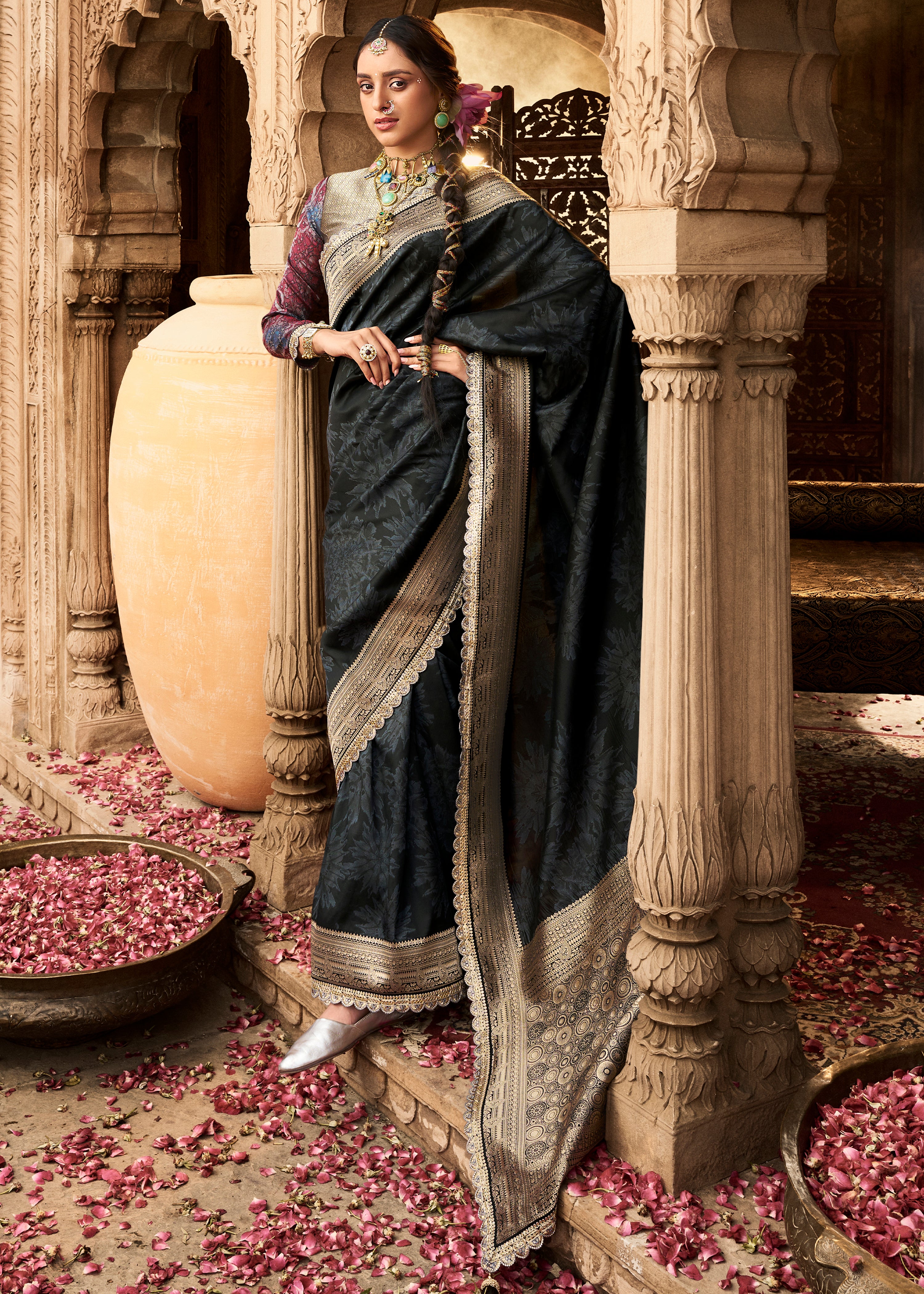 Black Banarasi Soft Silk Saree with Woven Lace Border