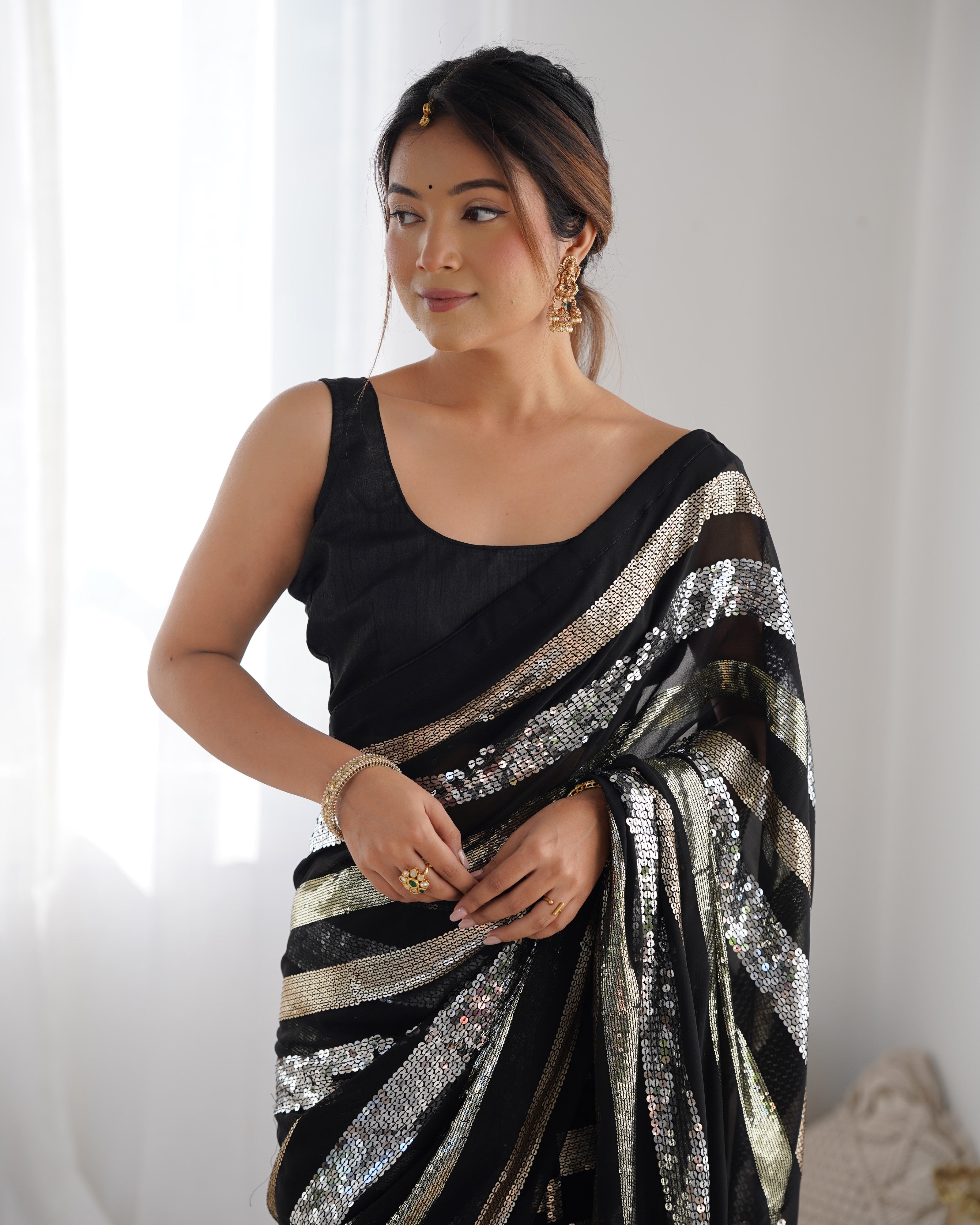 Black Beautiful Georgette Fabric Sequins Work Ceremonial Saree