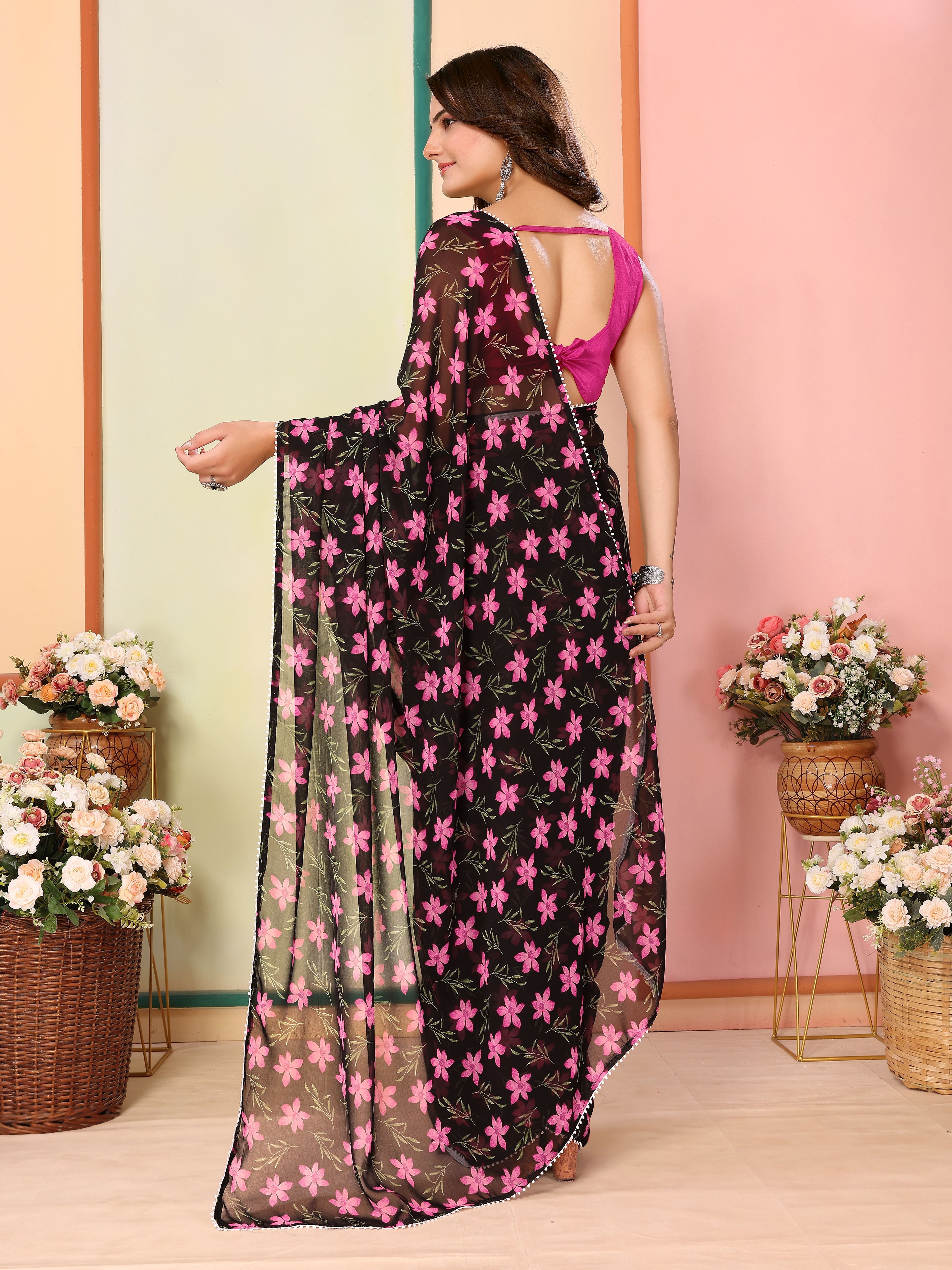 Black Beautiful Pinted Ready To Wear Ethnic Partywear Saree