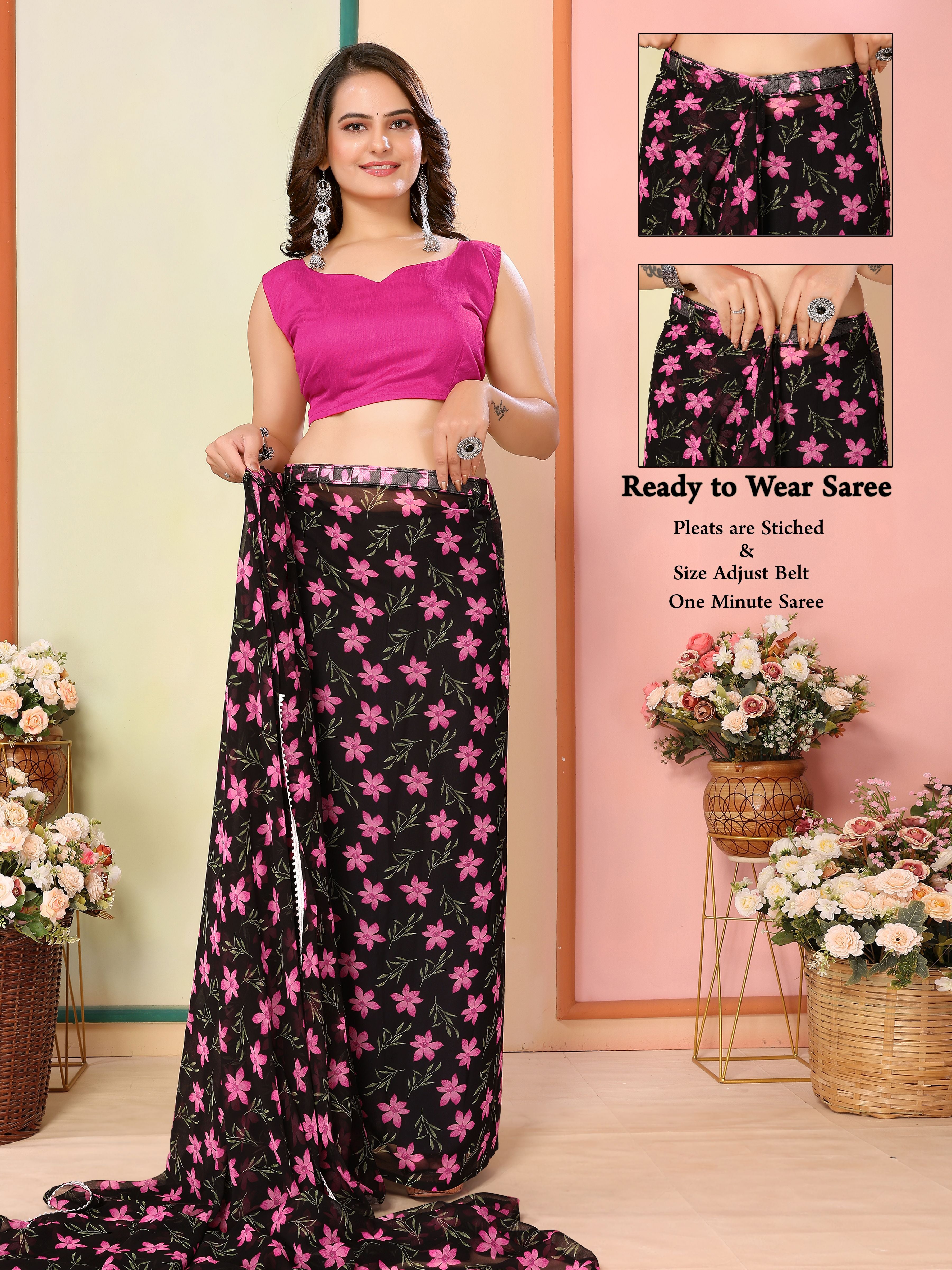 Black Beautiful Pinted Ready To Wear Ethnic Partywear Saree