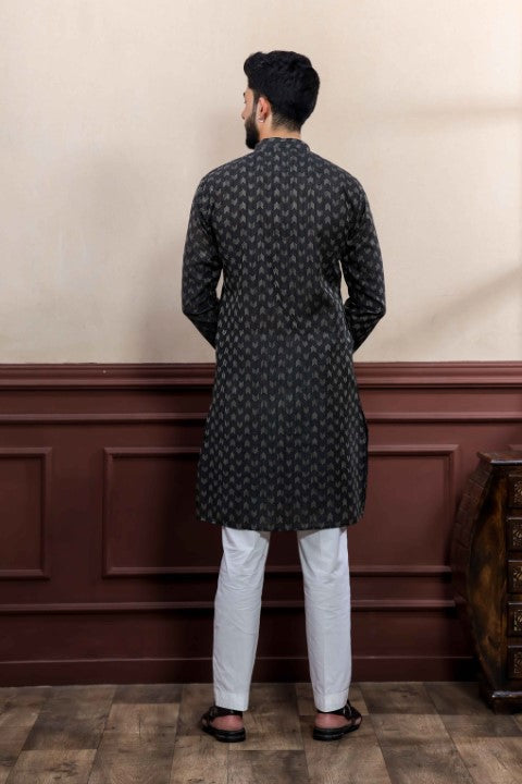 Black Blended Cotton Wevon Dobby Kurta Pajama
