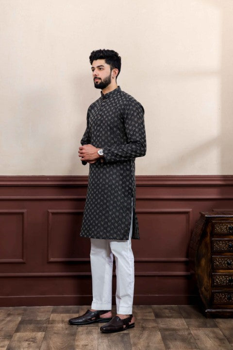 Black Blended Cotton Wevon Dobby Kurta Pajama