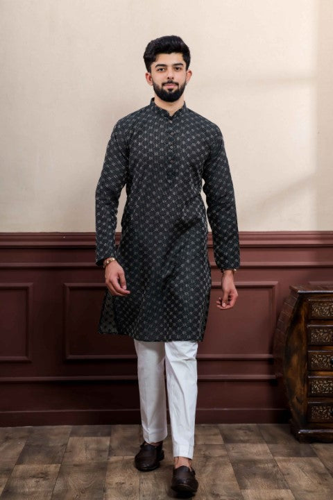 Black Blended Cotton Wevon Dobby Kurta Pajama