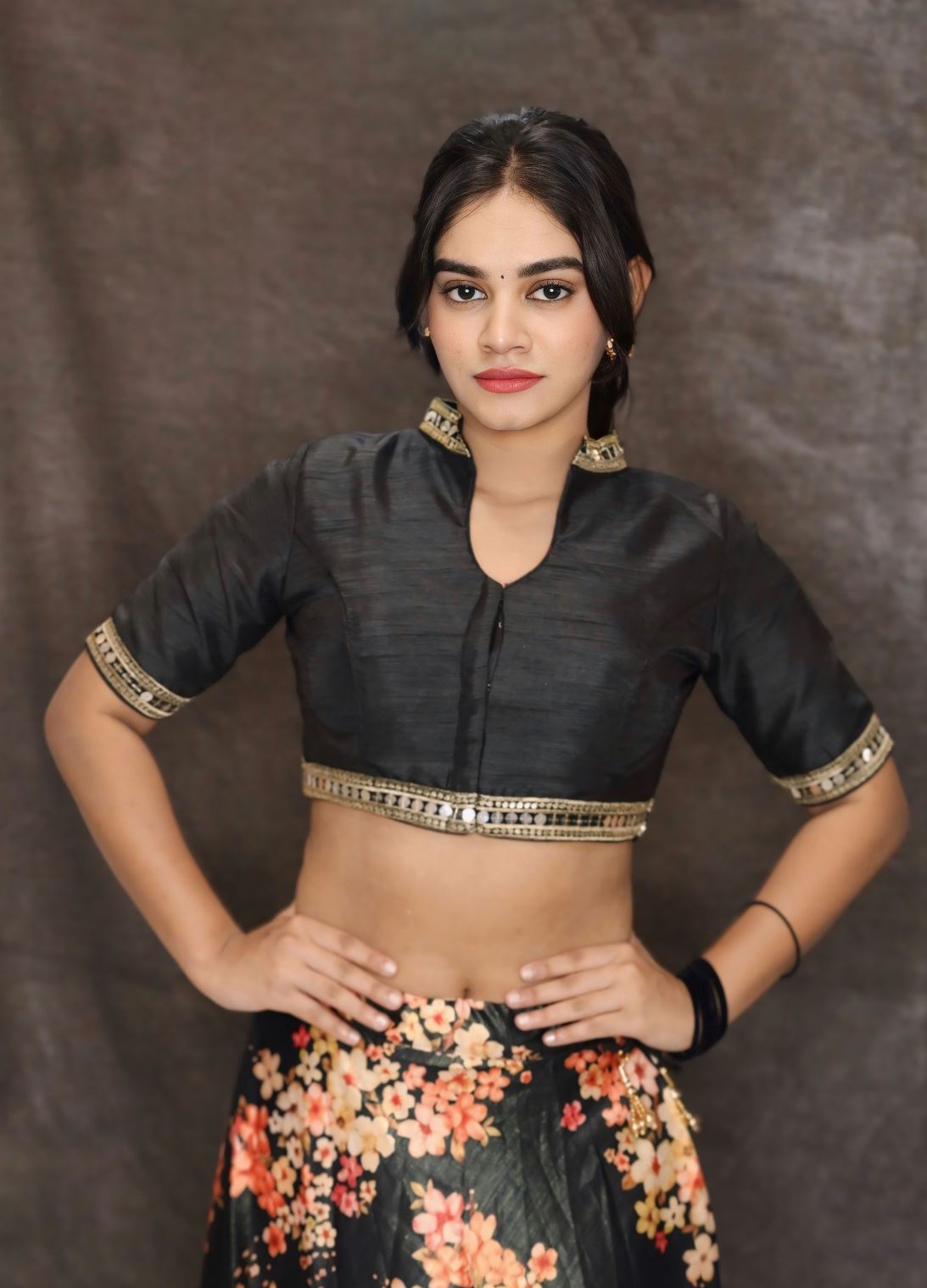 Black Blouse In Art Silk With  Cut Dana Embroidered Collar Neckline