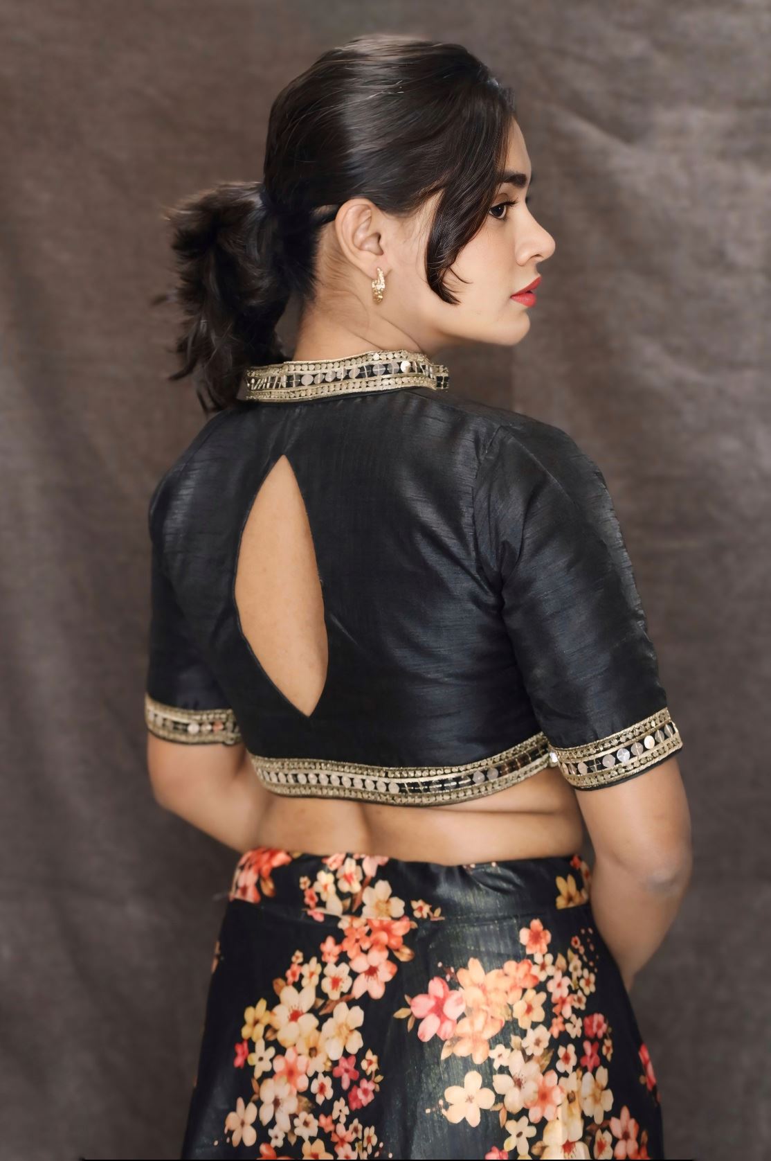 Black Blouse In Art Silk With  Cut Dana Embroidered Collar Neckline