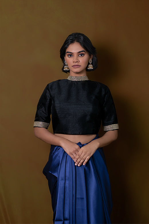 Black Blouse with the high Round Neck in Art Silk with Cut Out Back and Hook Closure