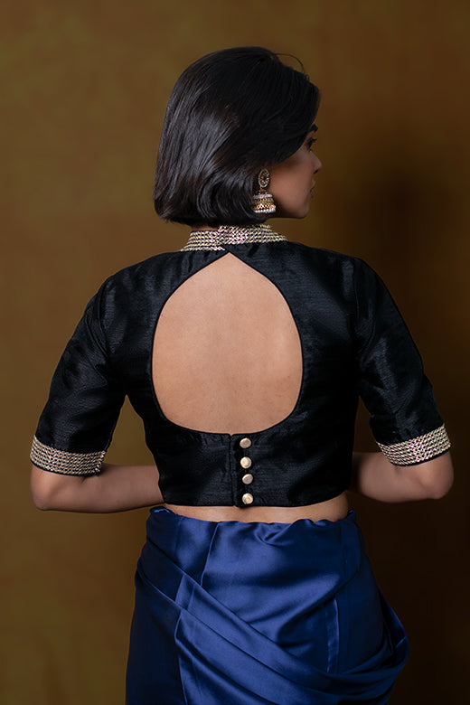 Black Blouse with the high Round Neck in Art Silk with Cut Out Back and Hook Closure