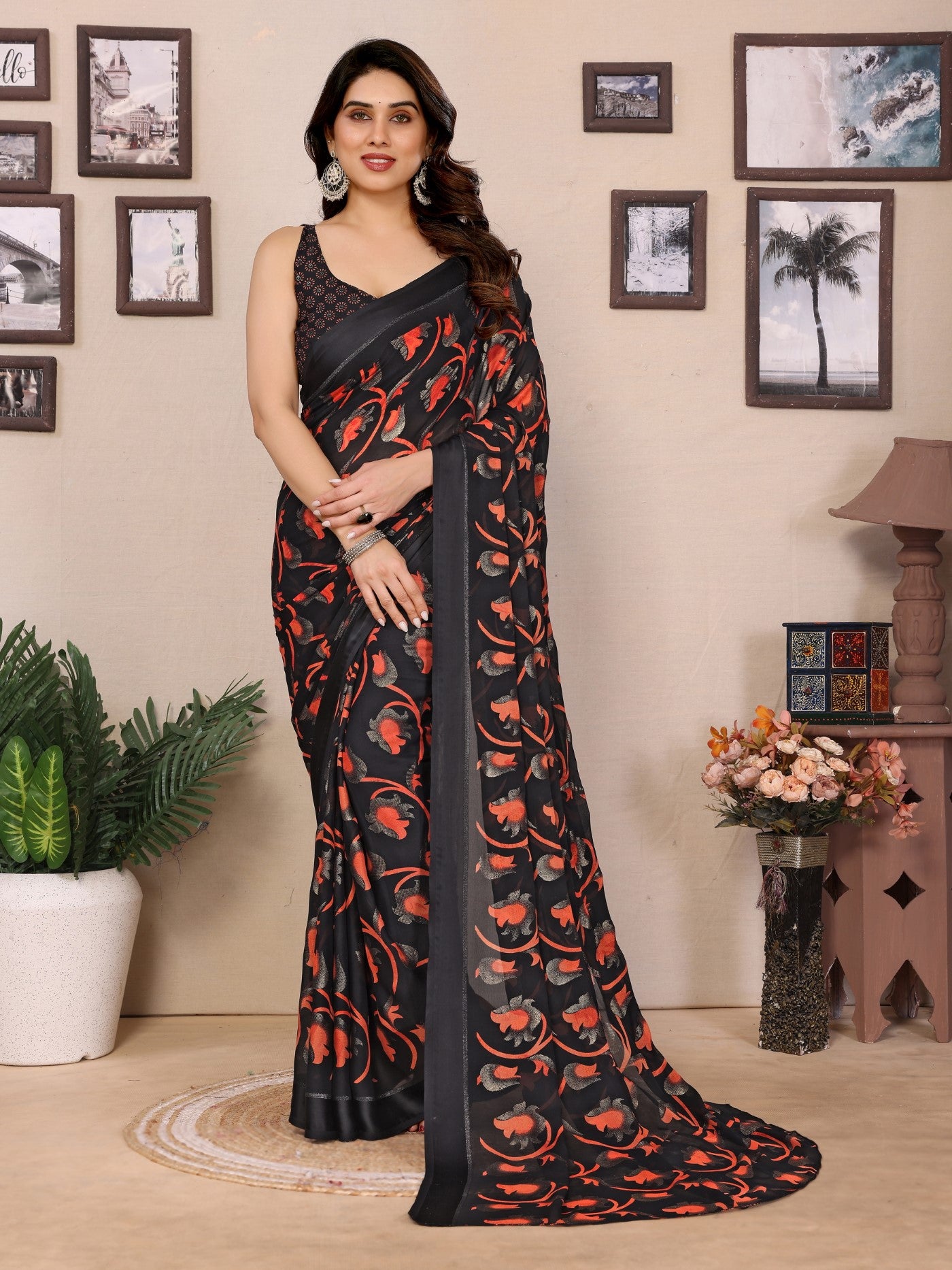 Black Bright Moss Printed Saree With Zari Work