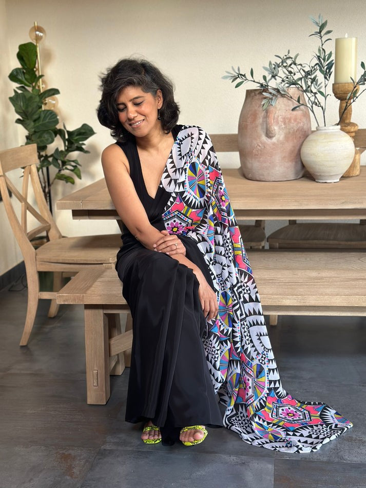 Black Bright Moss Saree With Half Printed Half Plain