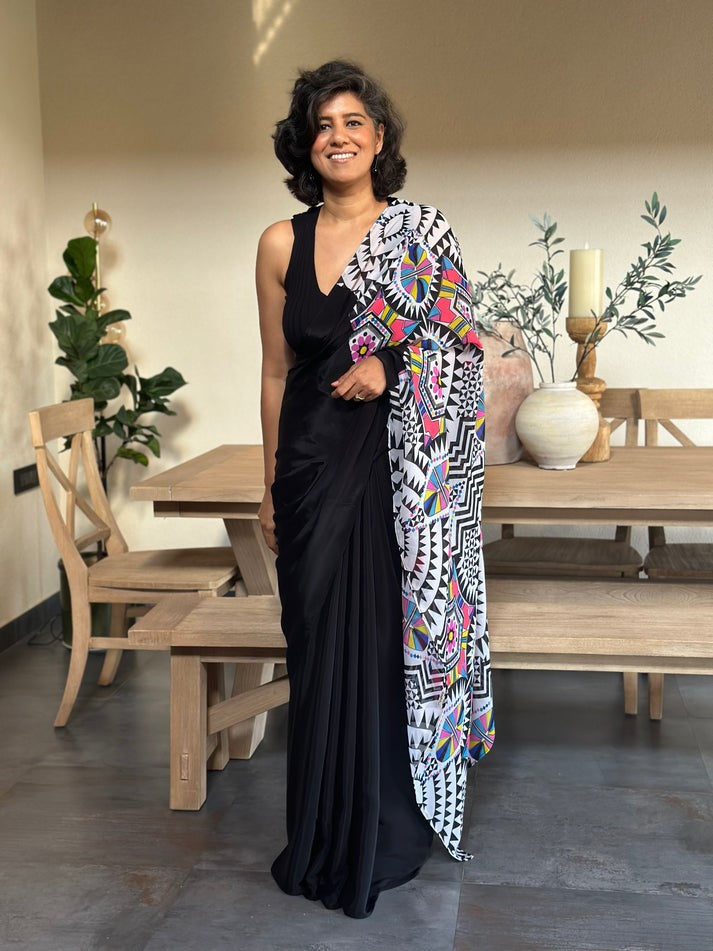 Black Bright Moss Saree With Half Printed Half Plain