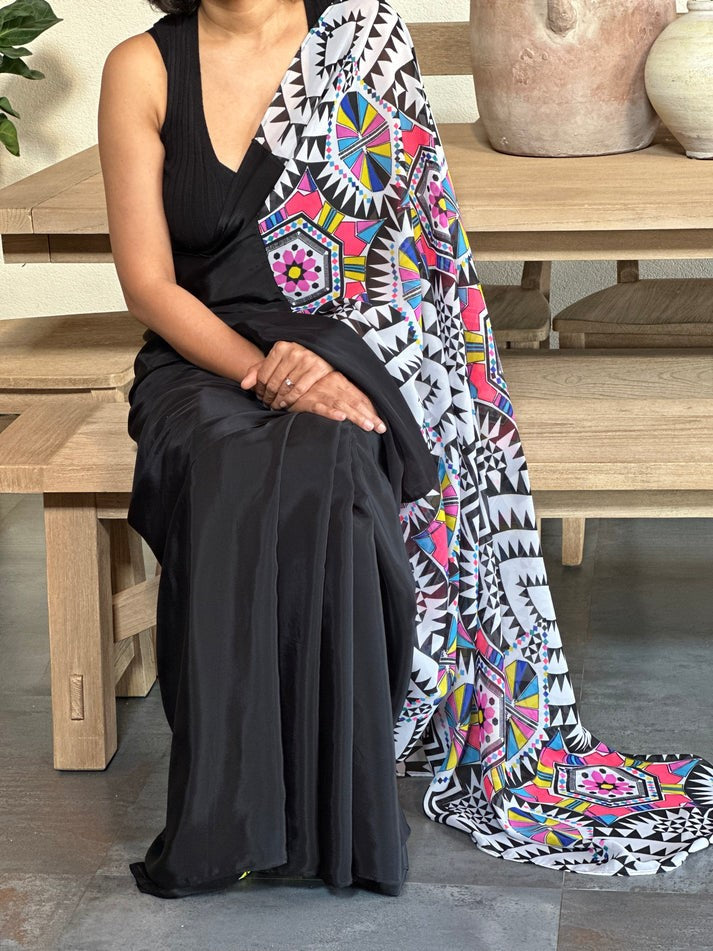 Black Bright Moss Saree With Half Printed Half Plain