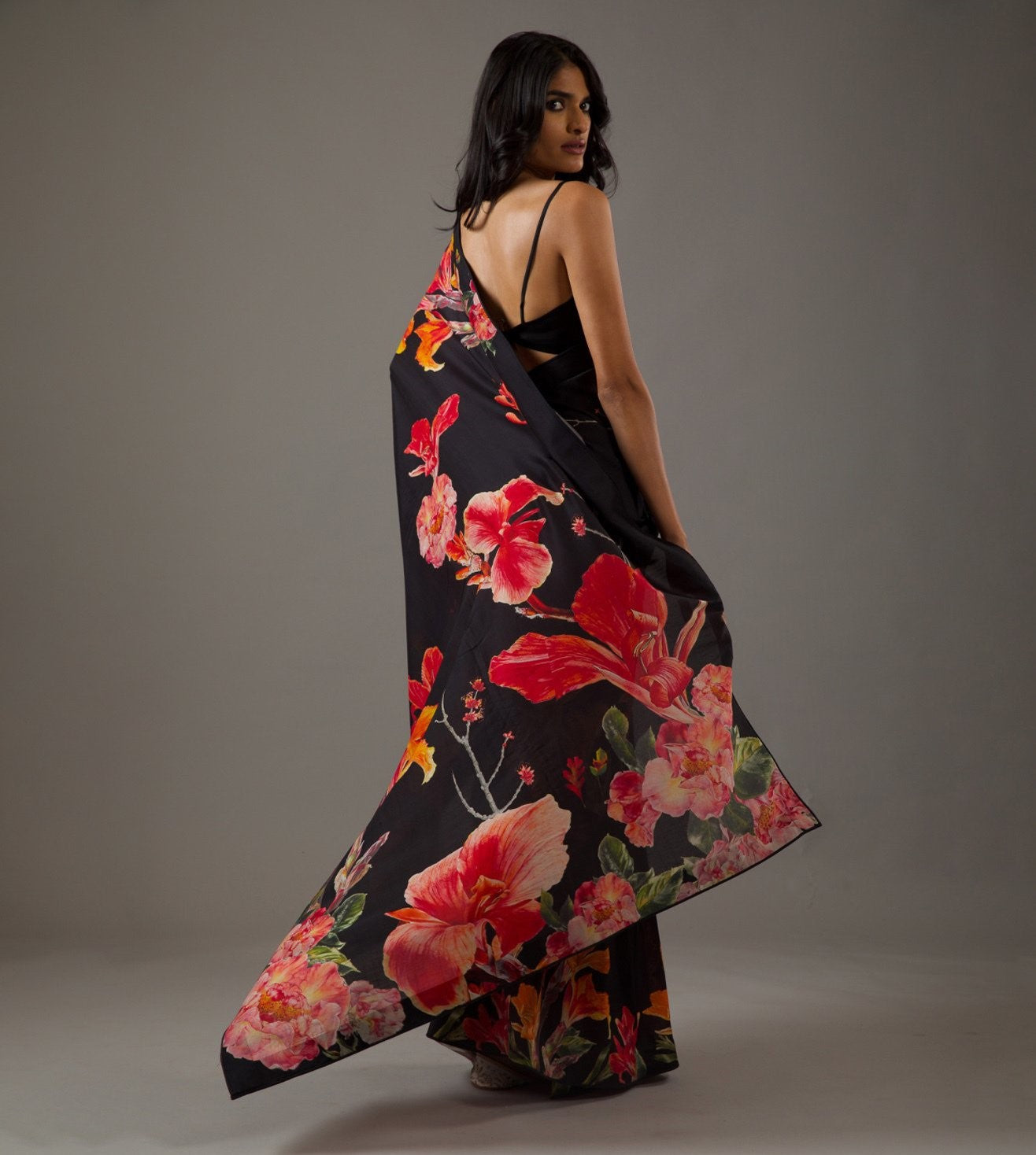 Black Bright Moss Saree With Printed