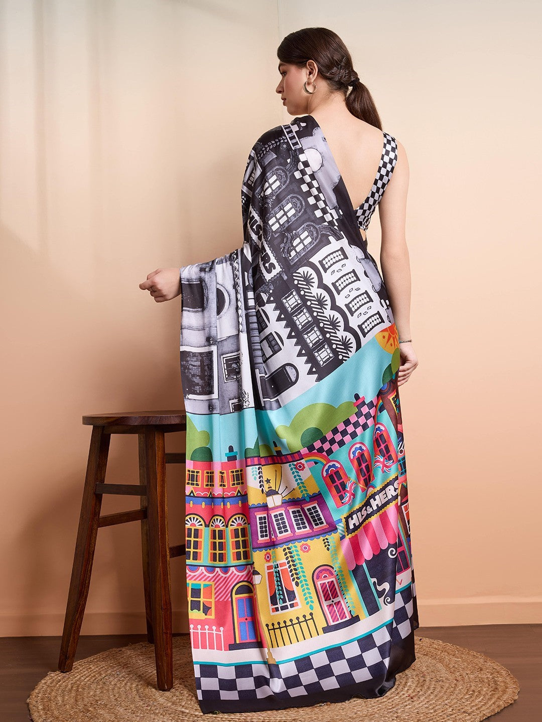 Black Bright Moss Saree With Printed