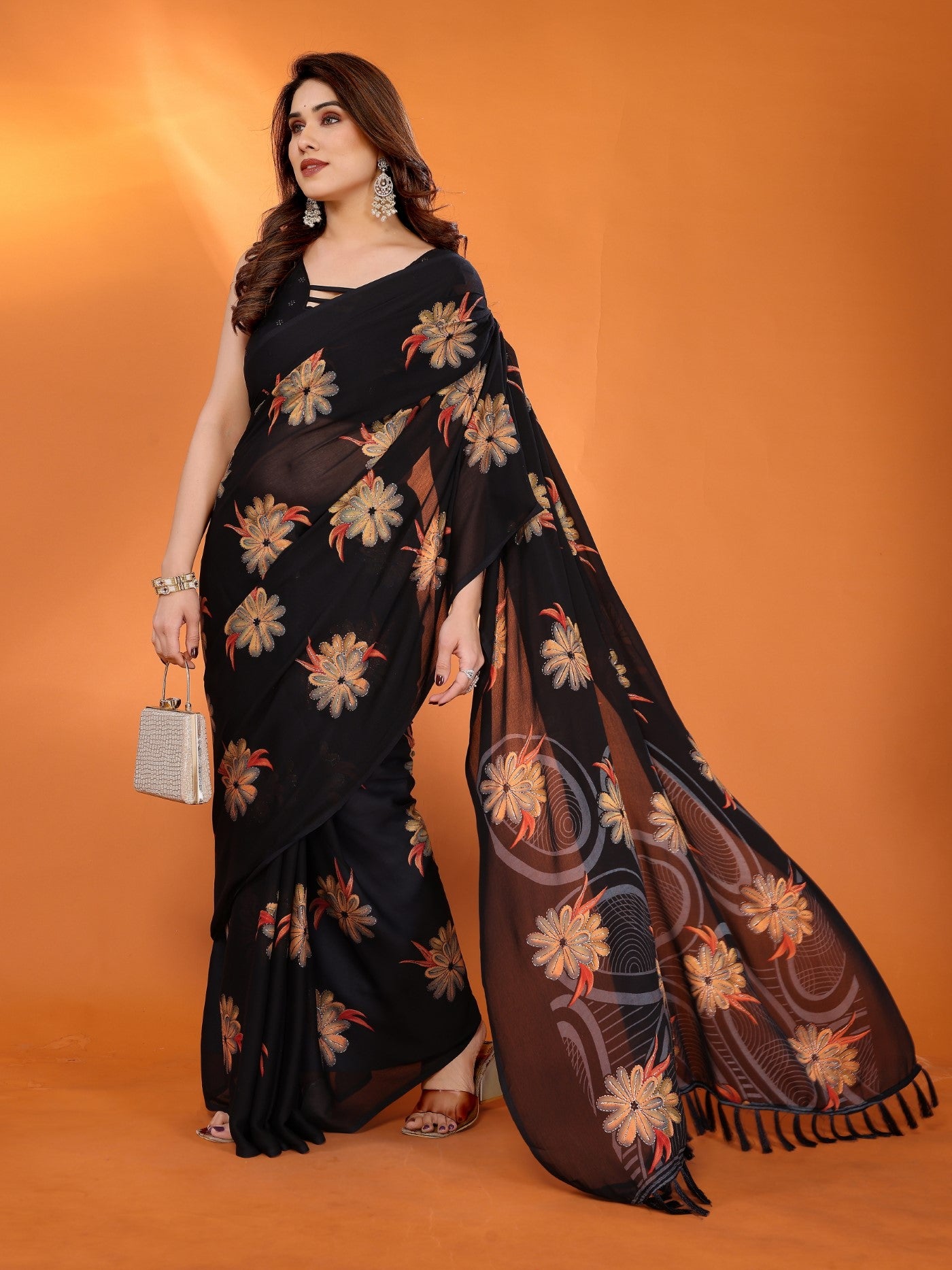 Black Bright Moss Satin Patta Saree With Printed Design