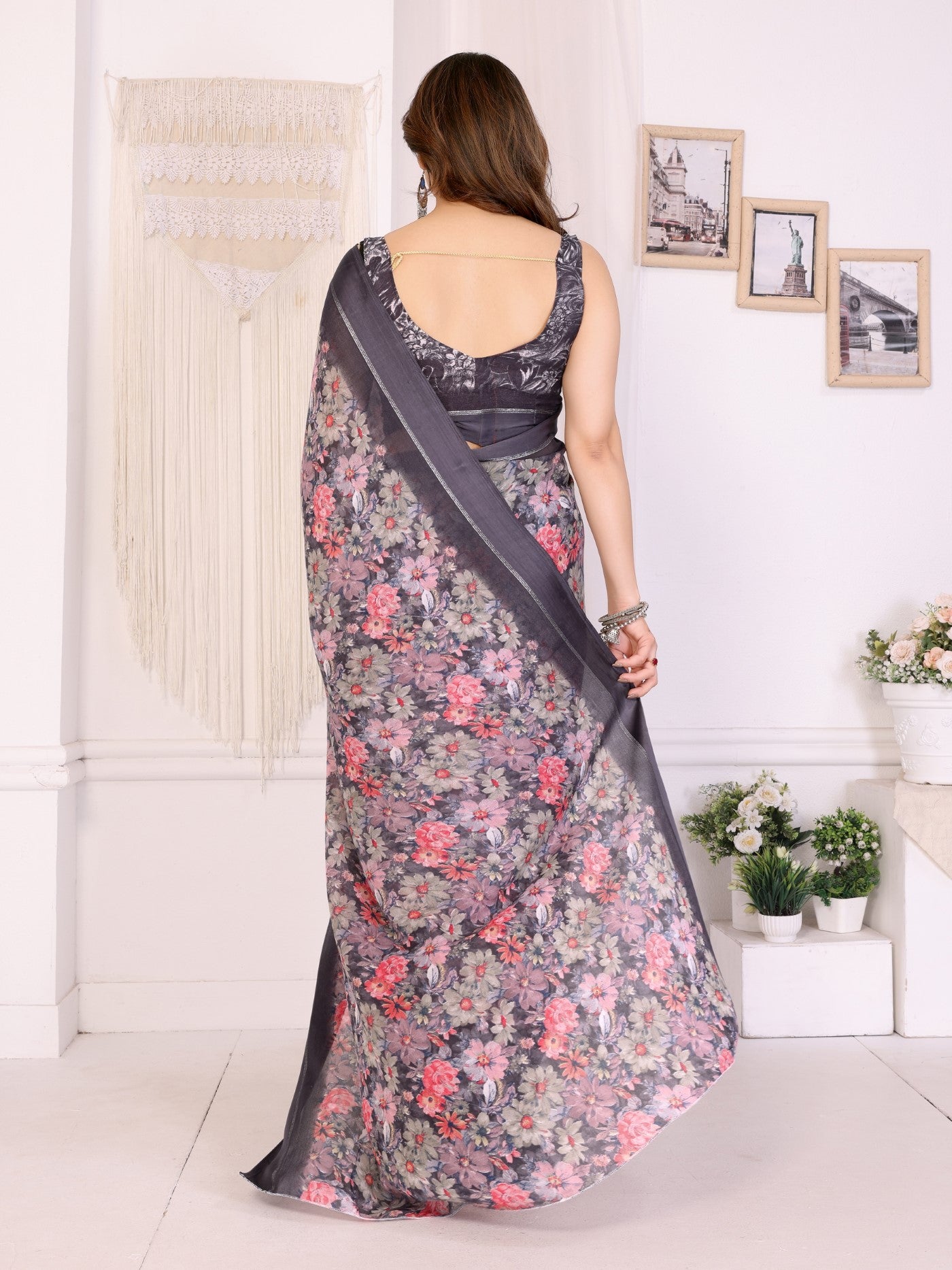 Black Bright Moss Satin Patta Saree With Printed Design