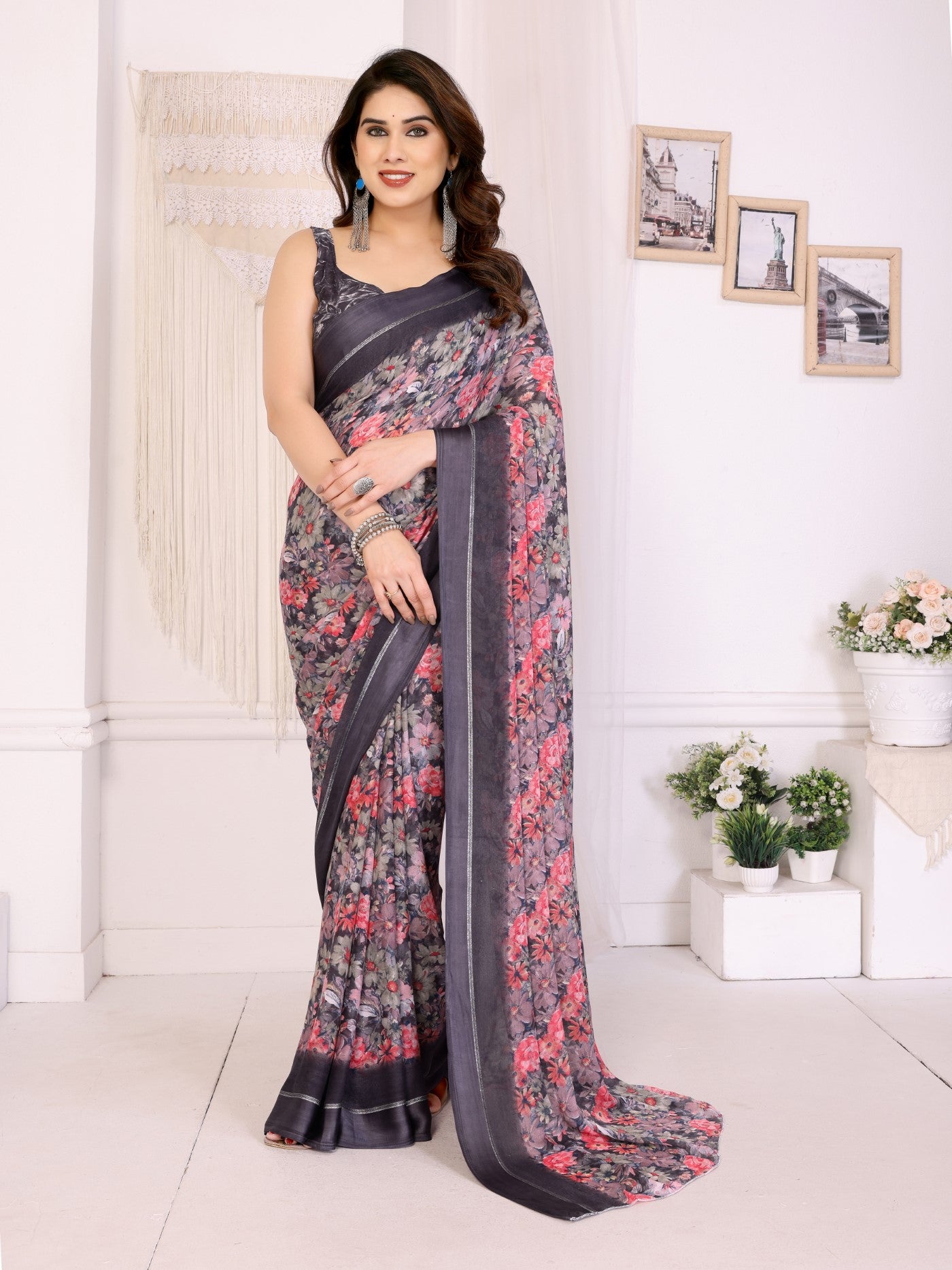 Black Bright Moss Satin Patta Saree With Printed Design