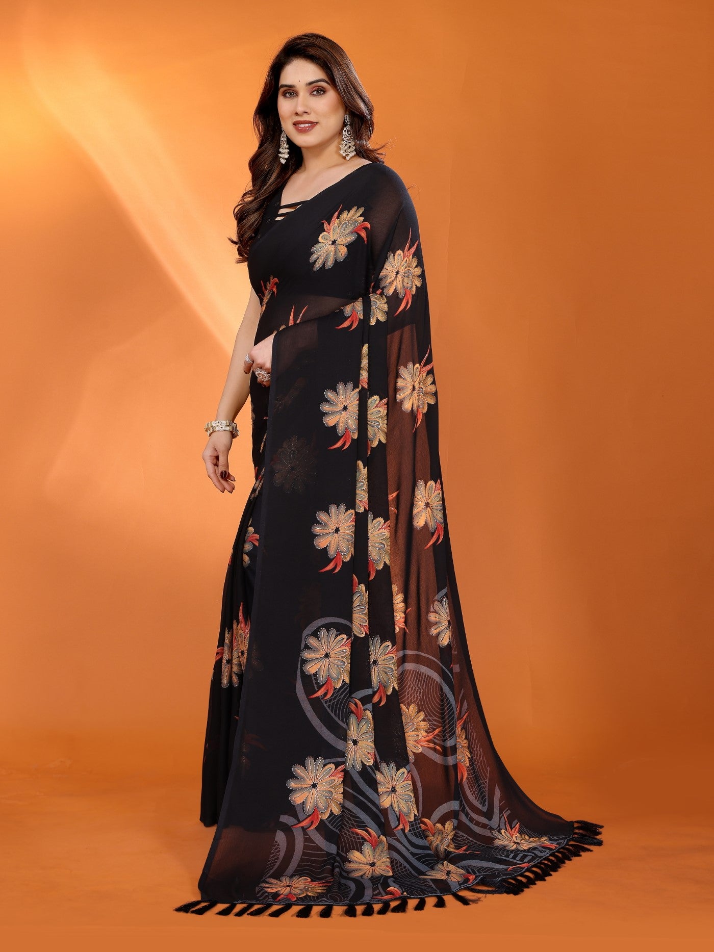 Black Bright Moss Satin Patta Saree With Printed Design