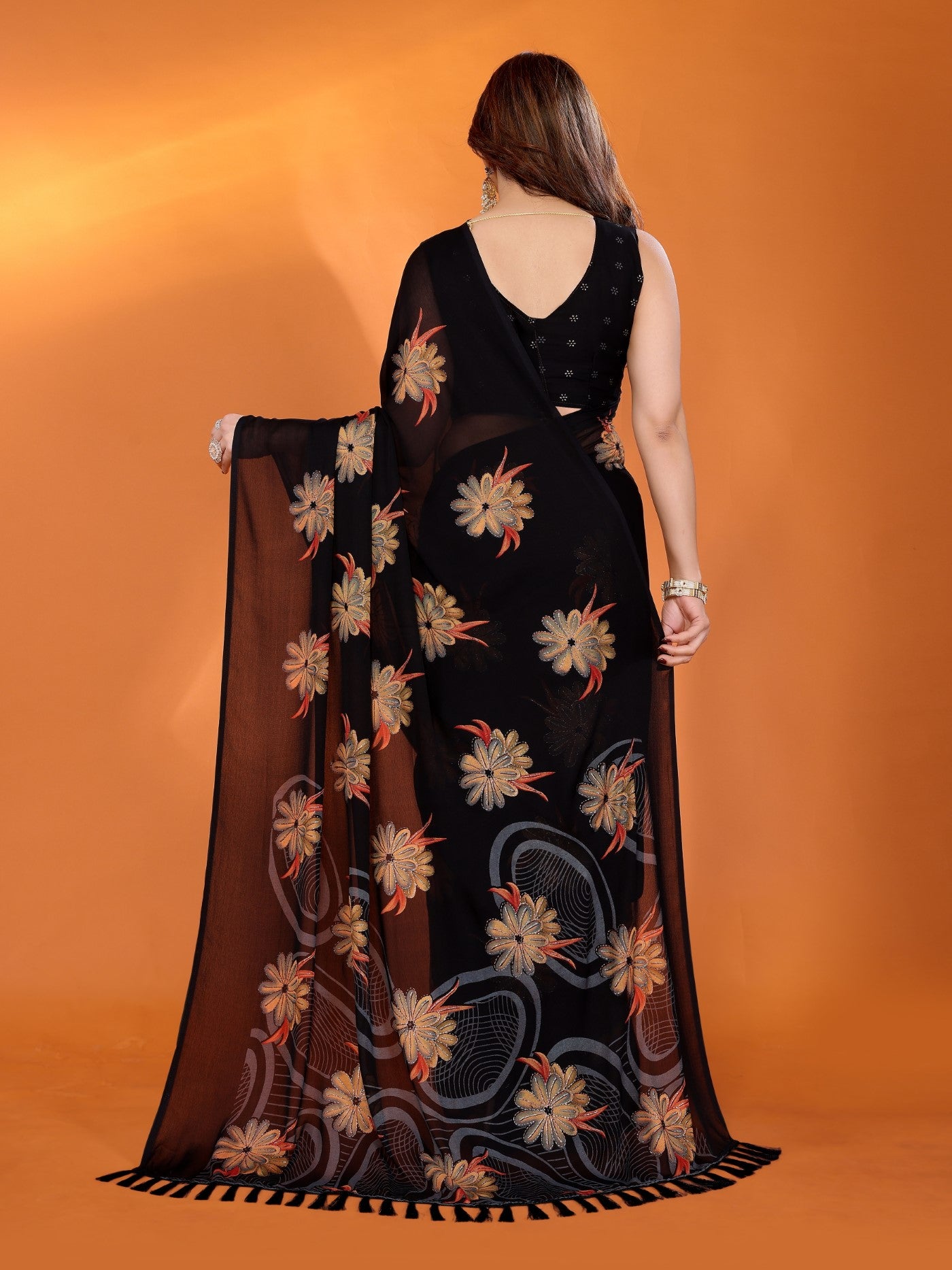 Black Bright Moss Satin Patta Saree With Printed Design