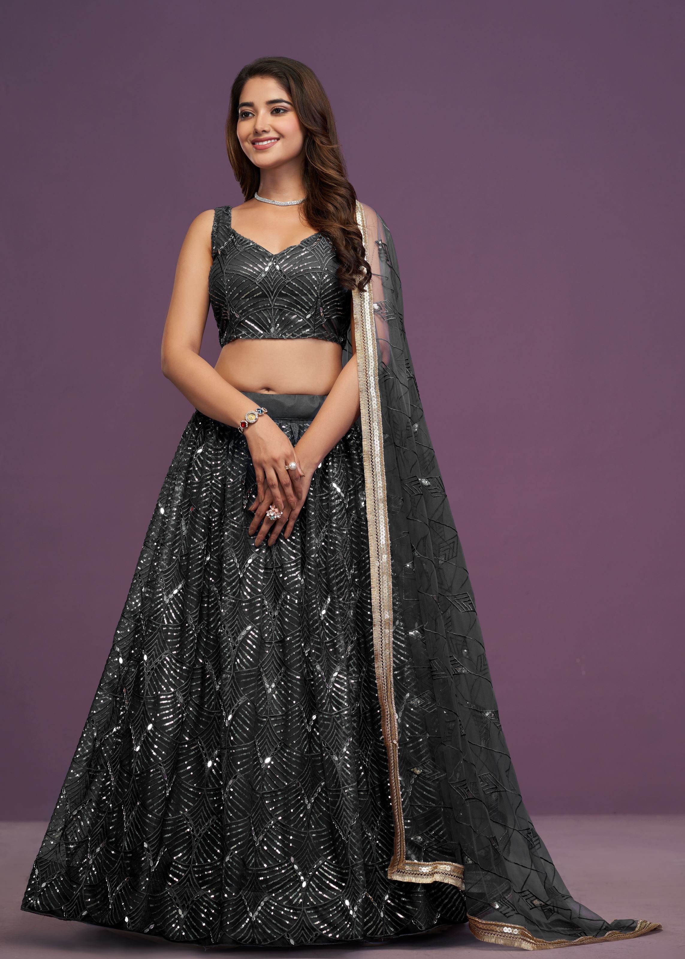 Black Butterfly Net Real Mirror With Sequence Embroidery Work Lehenga Choli