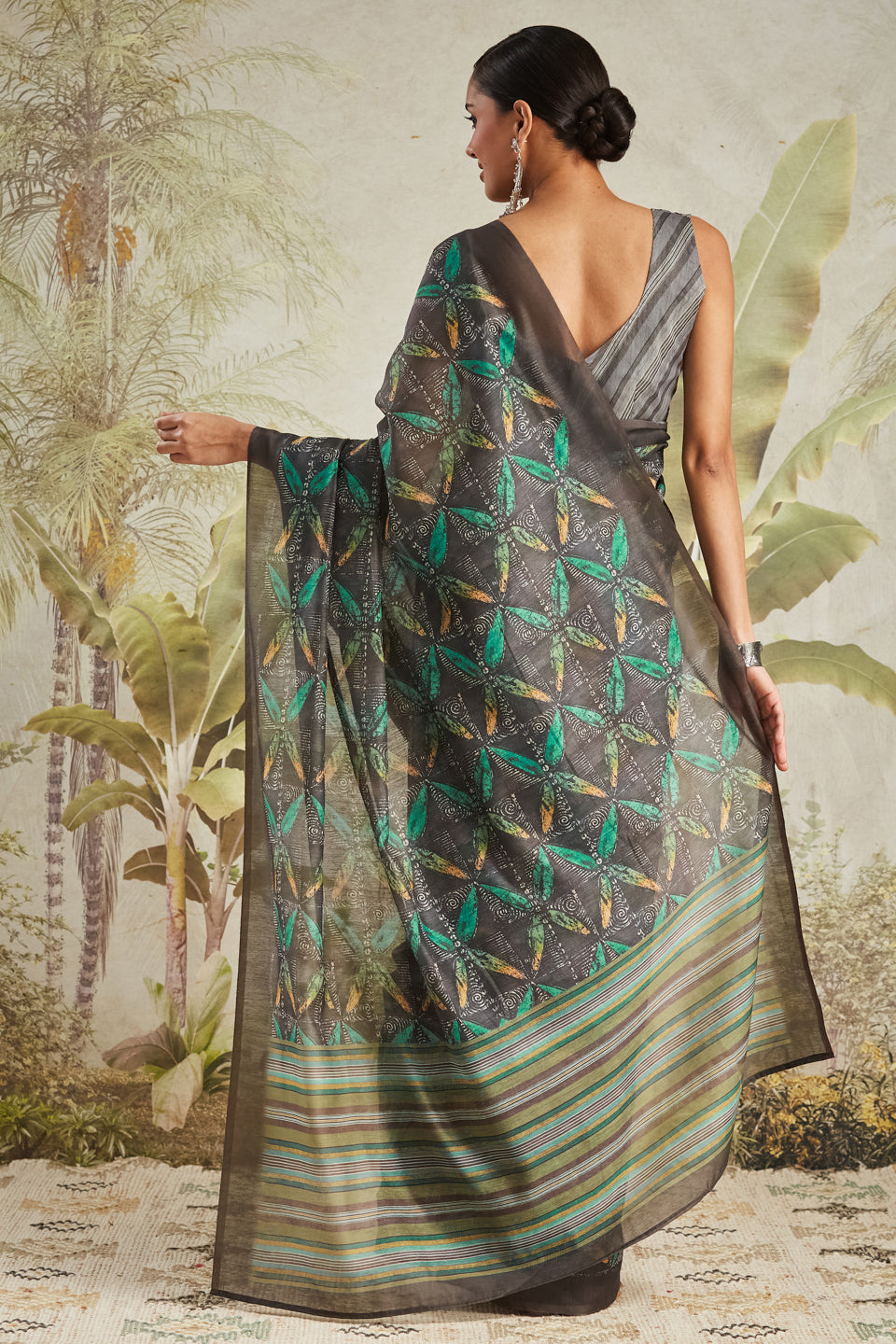 Black Chanderi Cotton Festive Wear Saree With Smart Digital Print