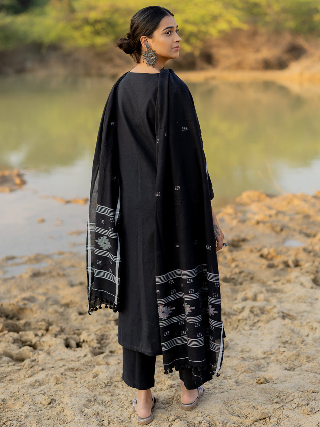Black Chanderi Kurta Pant Set With Plain Kurta Pant With Printed Dupatta