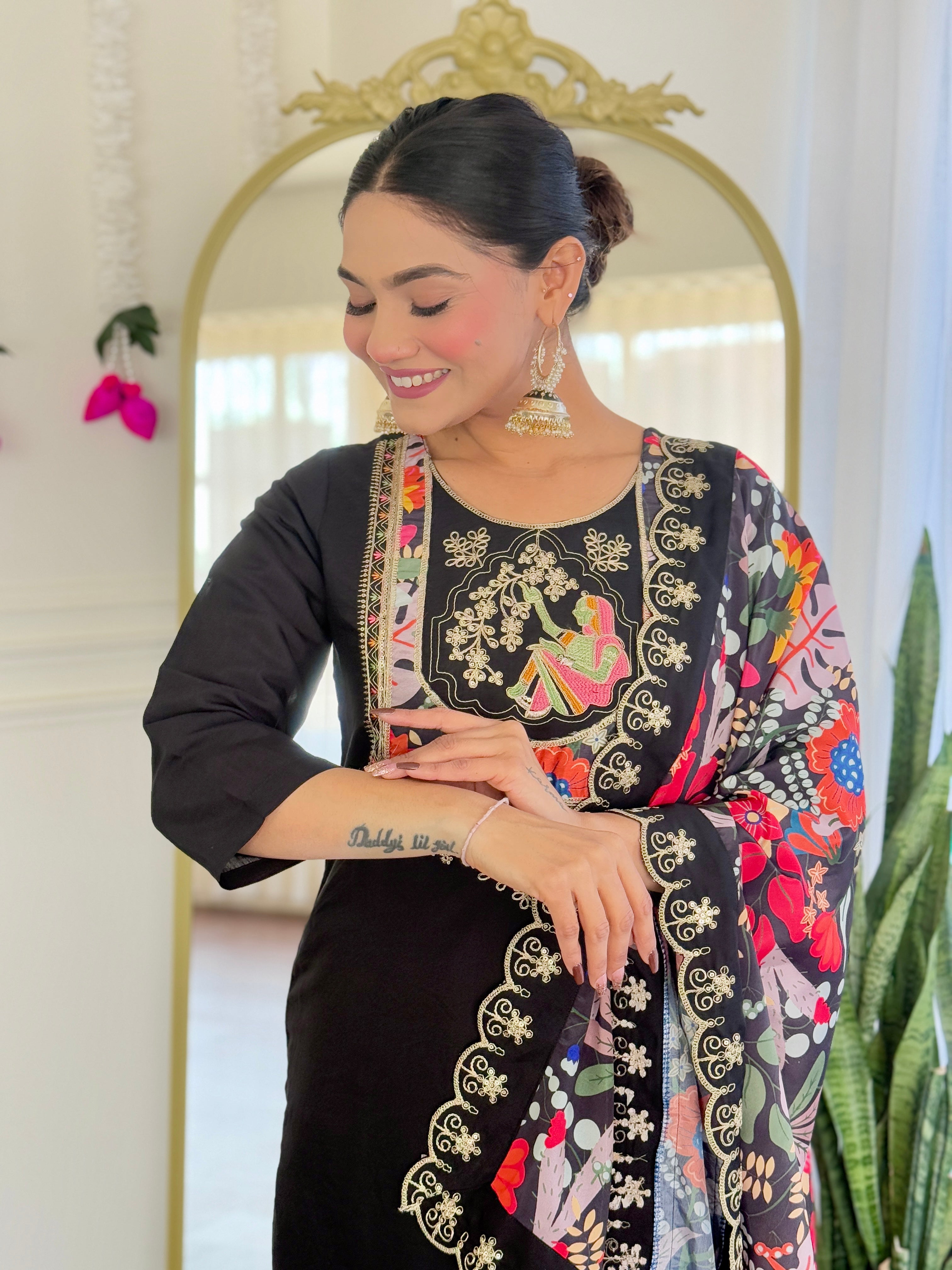 Black Chanderi Viscose Elegant Kurta Pant Set With Embroidery Work