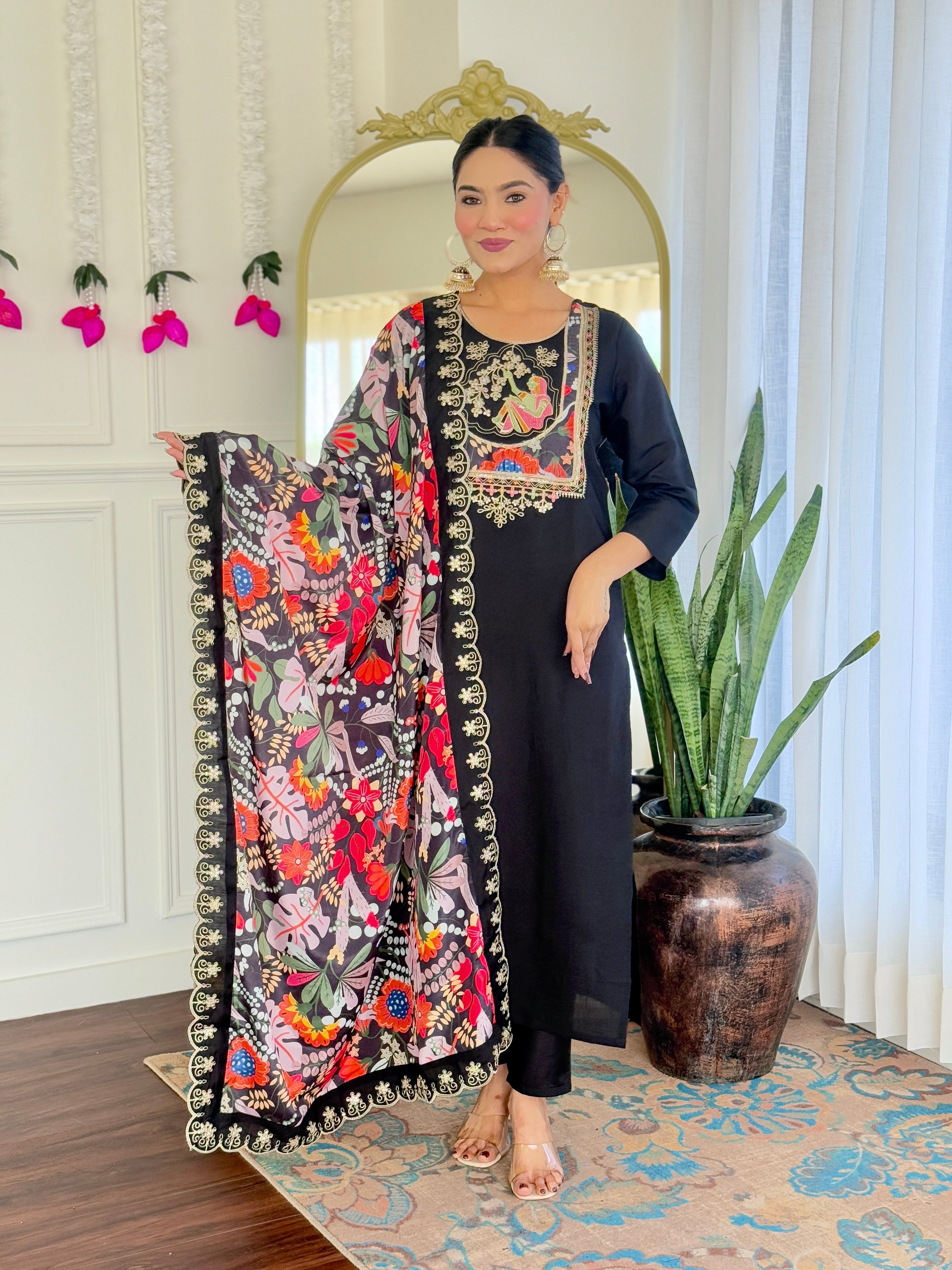 Black Chanderi Viscose Elegant Kurta Pant Set With Embroidery Work