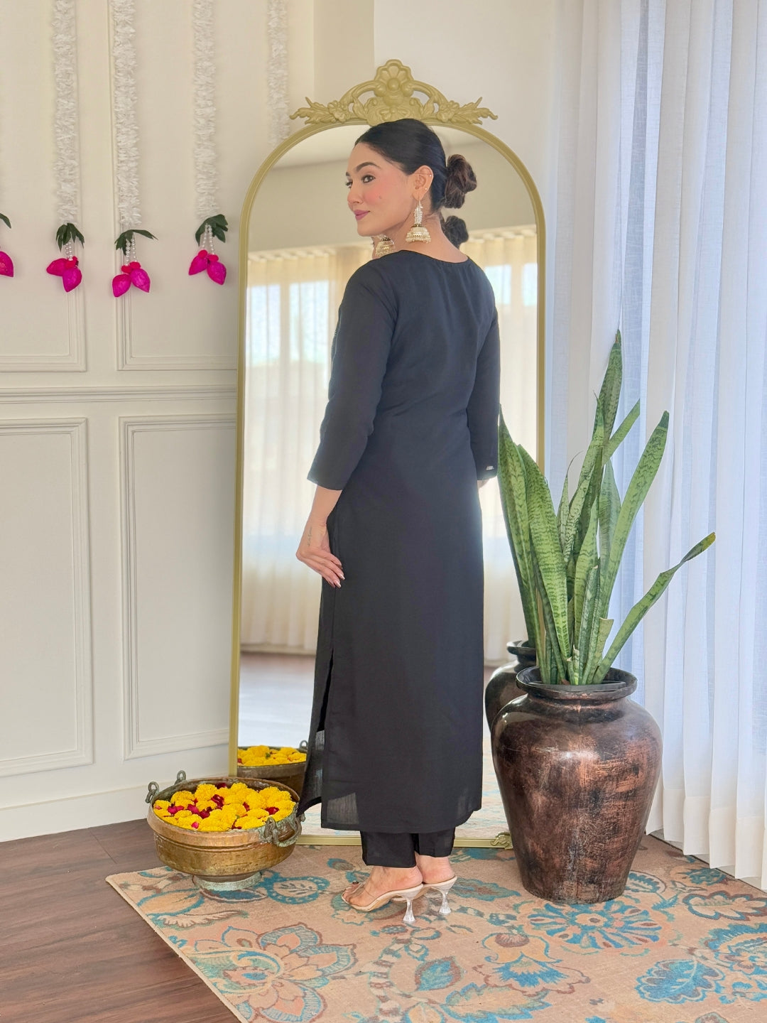 Black Chanderi Viscose Elegant Kurta Pant Set With Embroidery Work