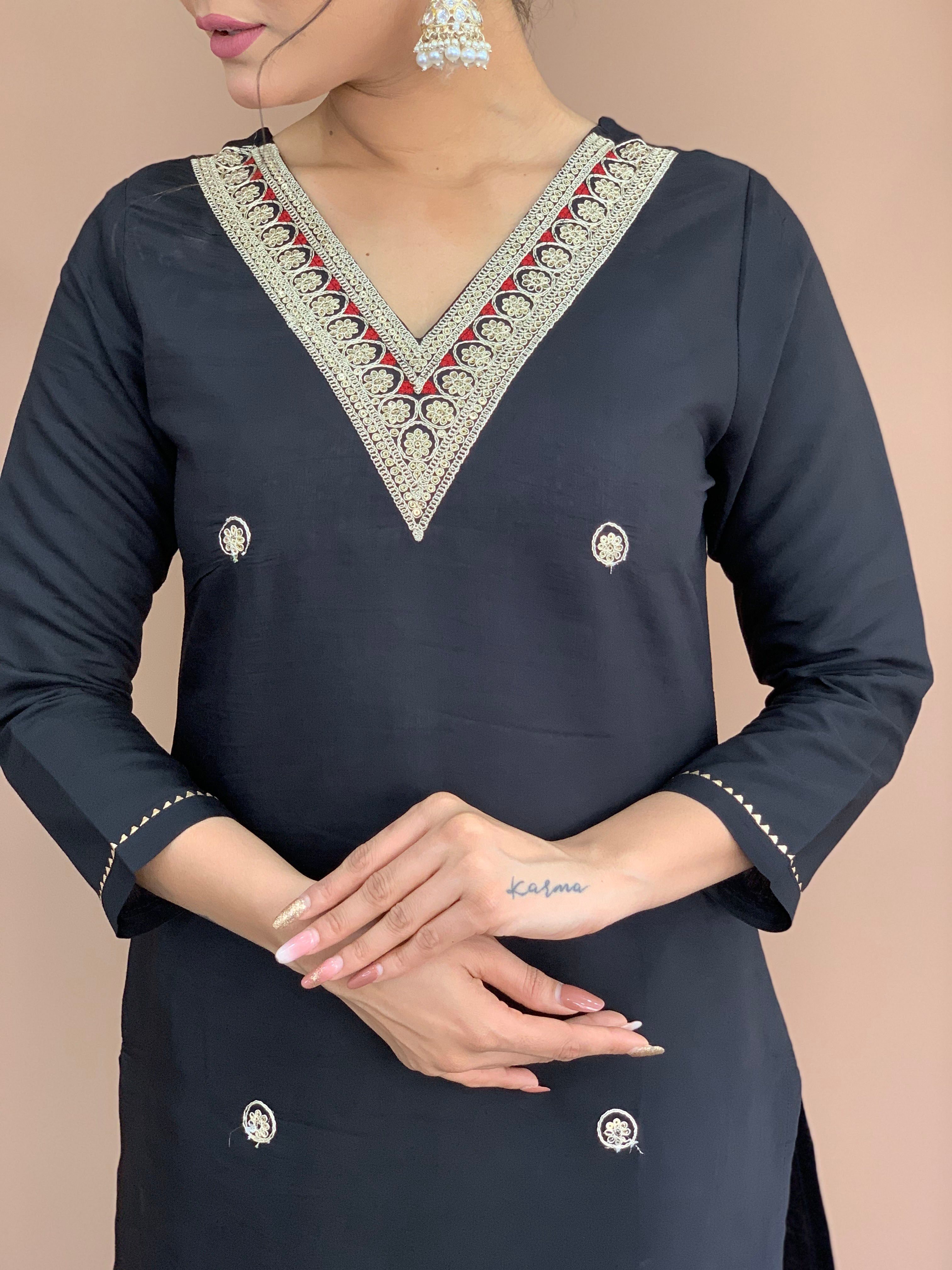 Black Chanderi Viscose Elegant Kurta Pant Set With Embroidery Work