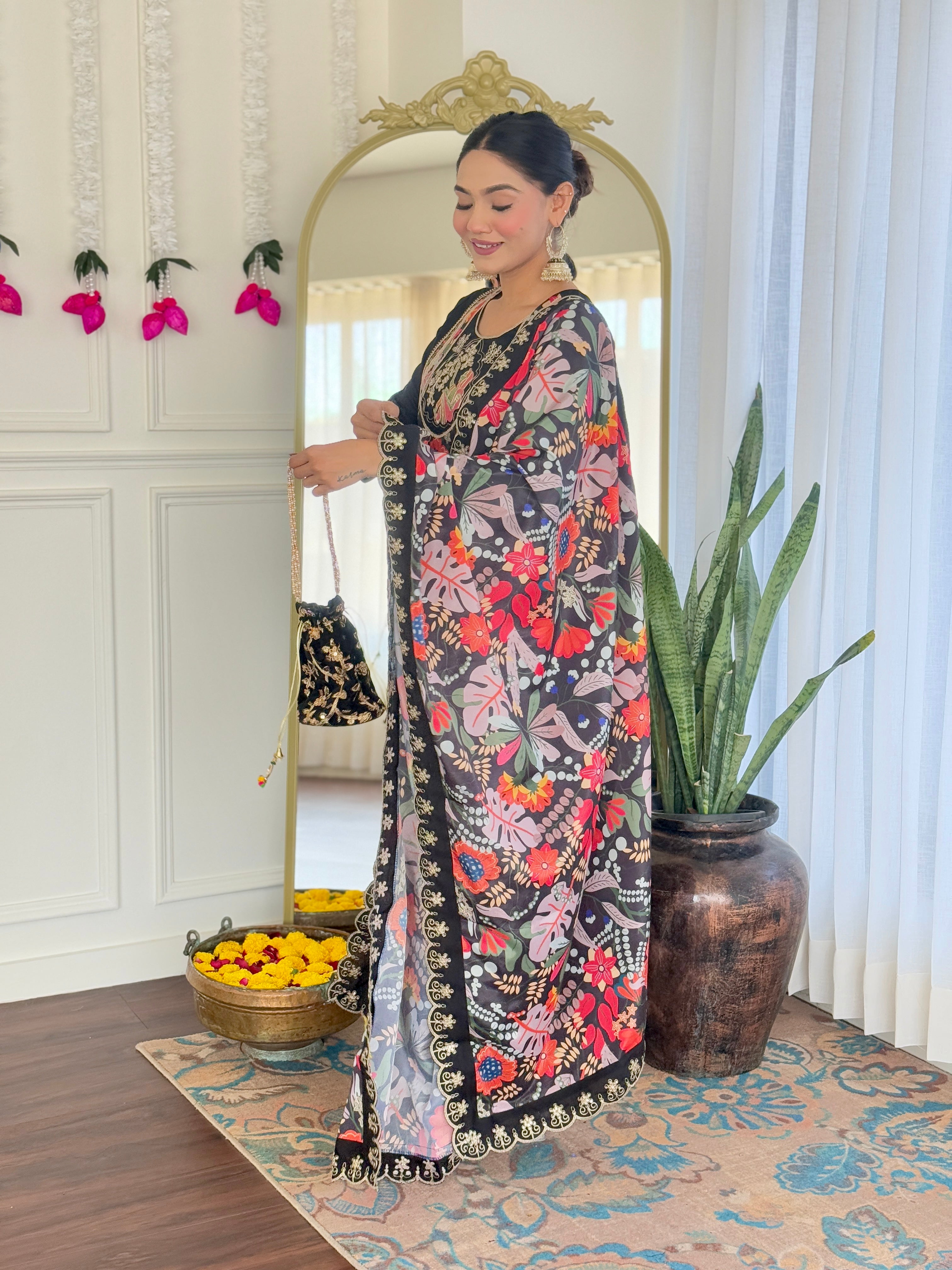 Black Chanderi Viscose Elegant Kurta Pant Set With Embroidery Work