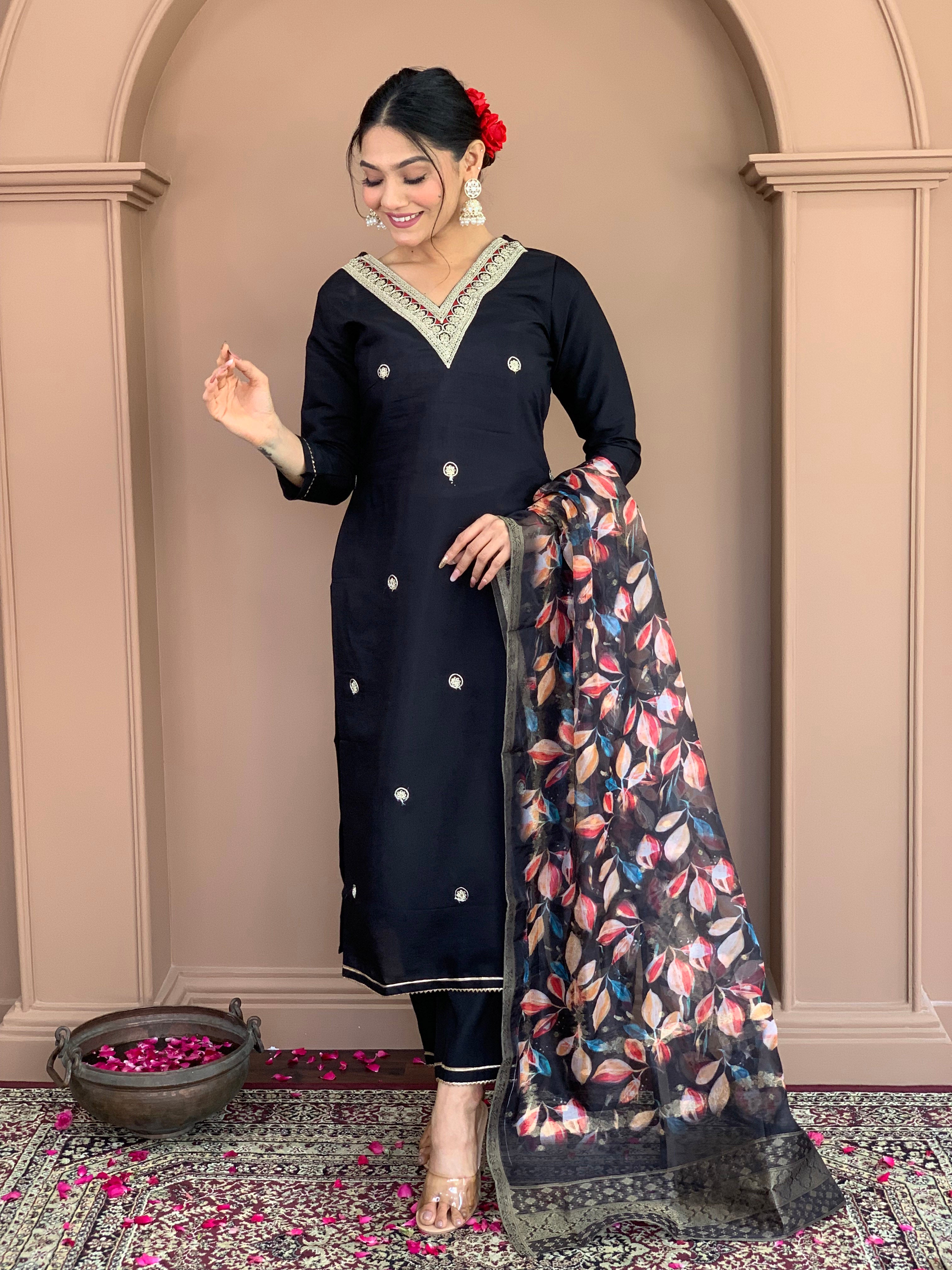 Black Chanderi Viscose Elegant Kurta Pant Set With Embroidery Work