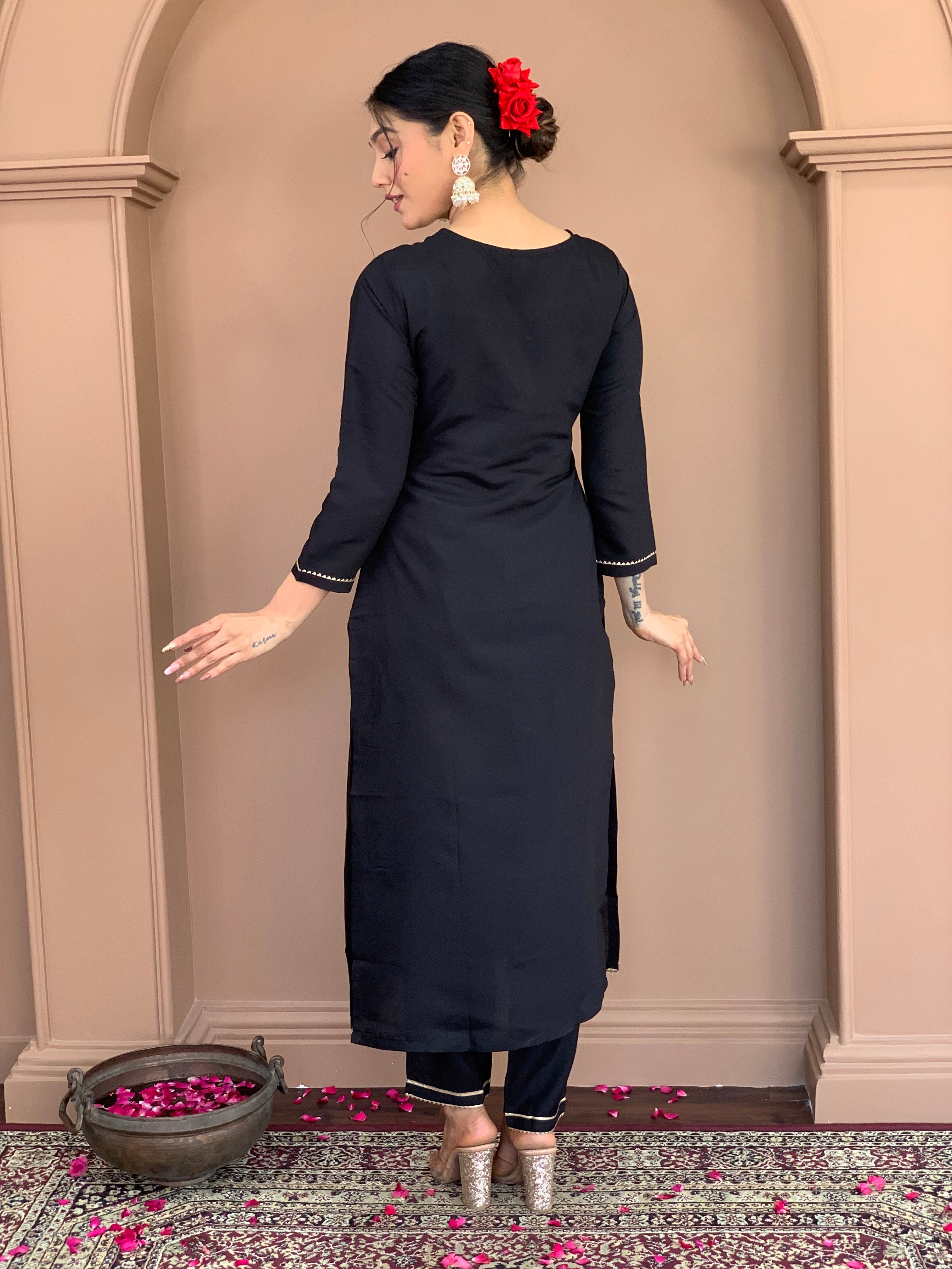 Black Chanderi Viscose Elegant Kurta Pant Set With Embroidery Work