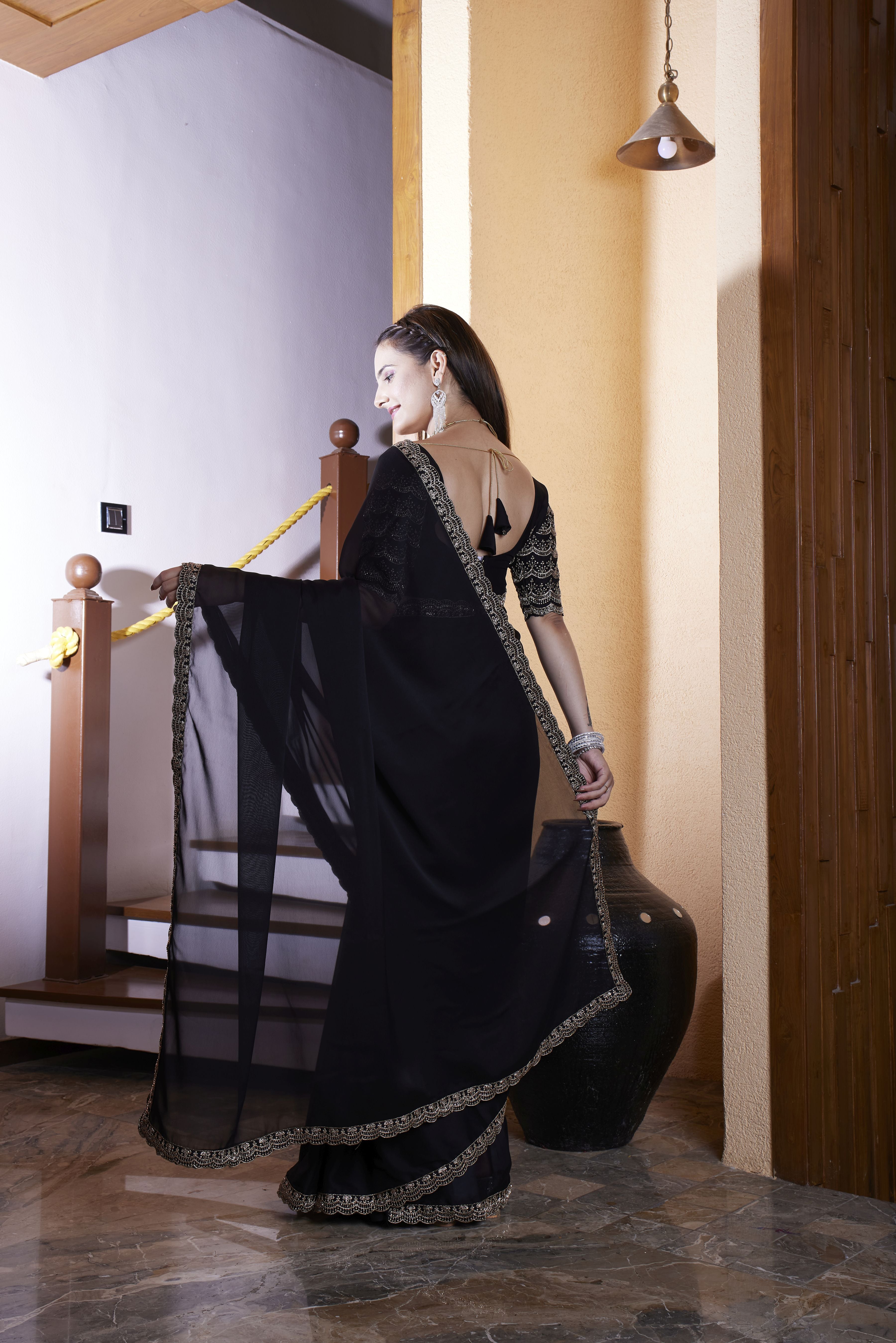 Black Chiffon Designer Embroidered Ceremonial Saree