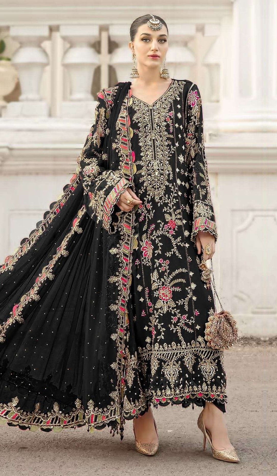 Black Chiffon Designer Suit Set With Delicate Embroidery