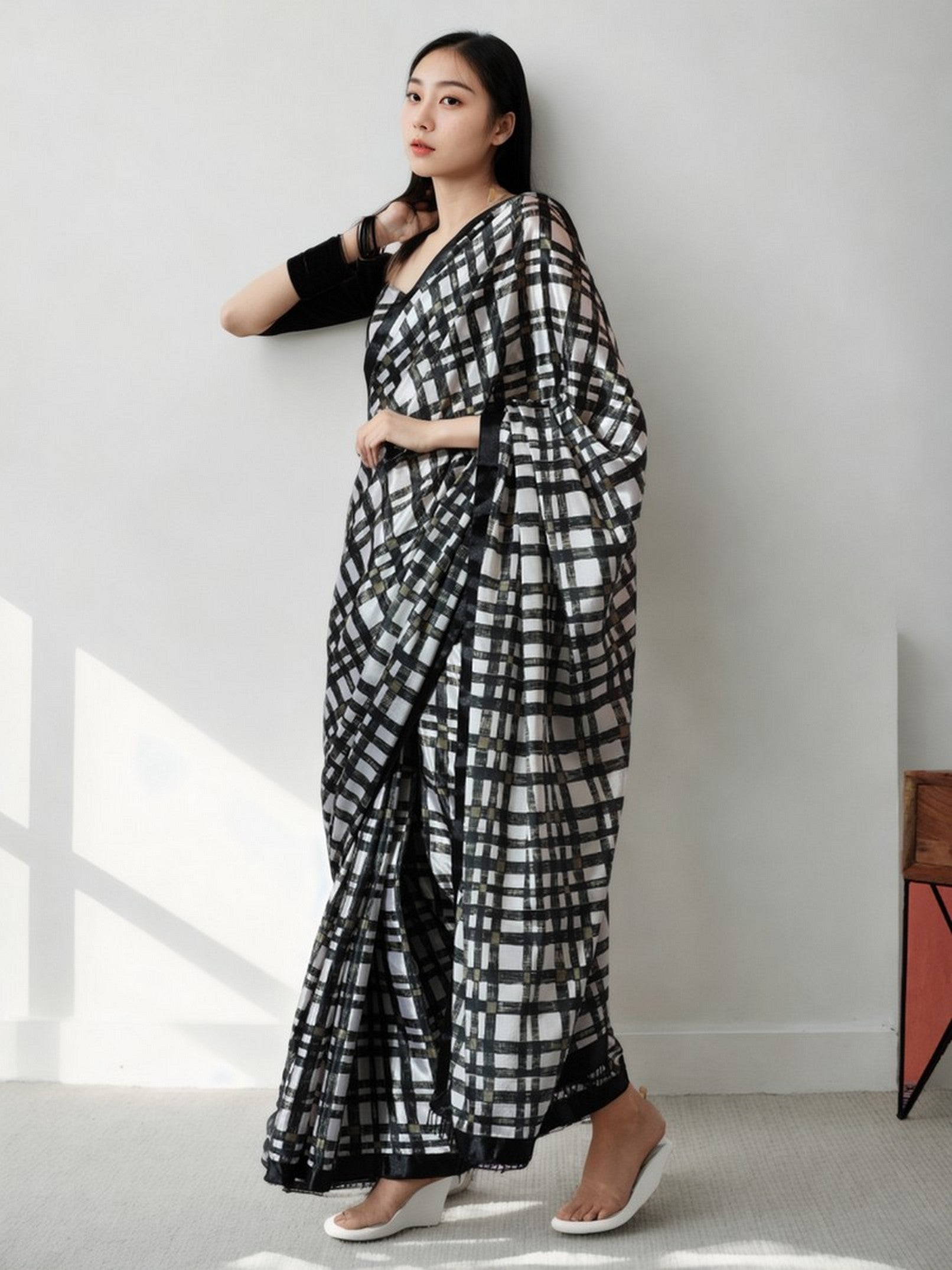 Black Chinnon Digital Print & Lace Border Trendy Ready To Wear Saree