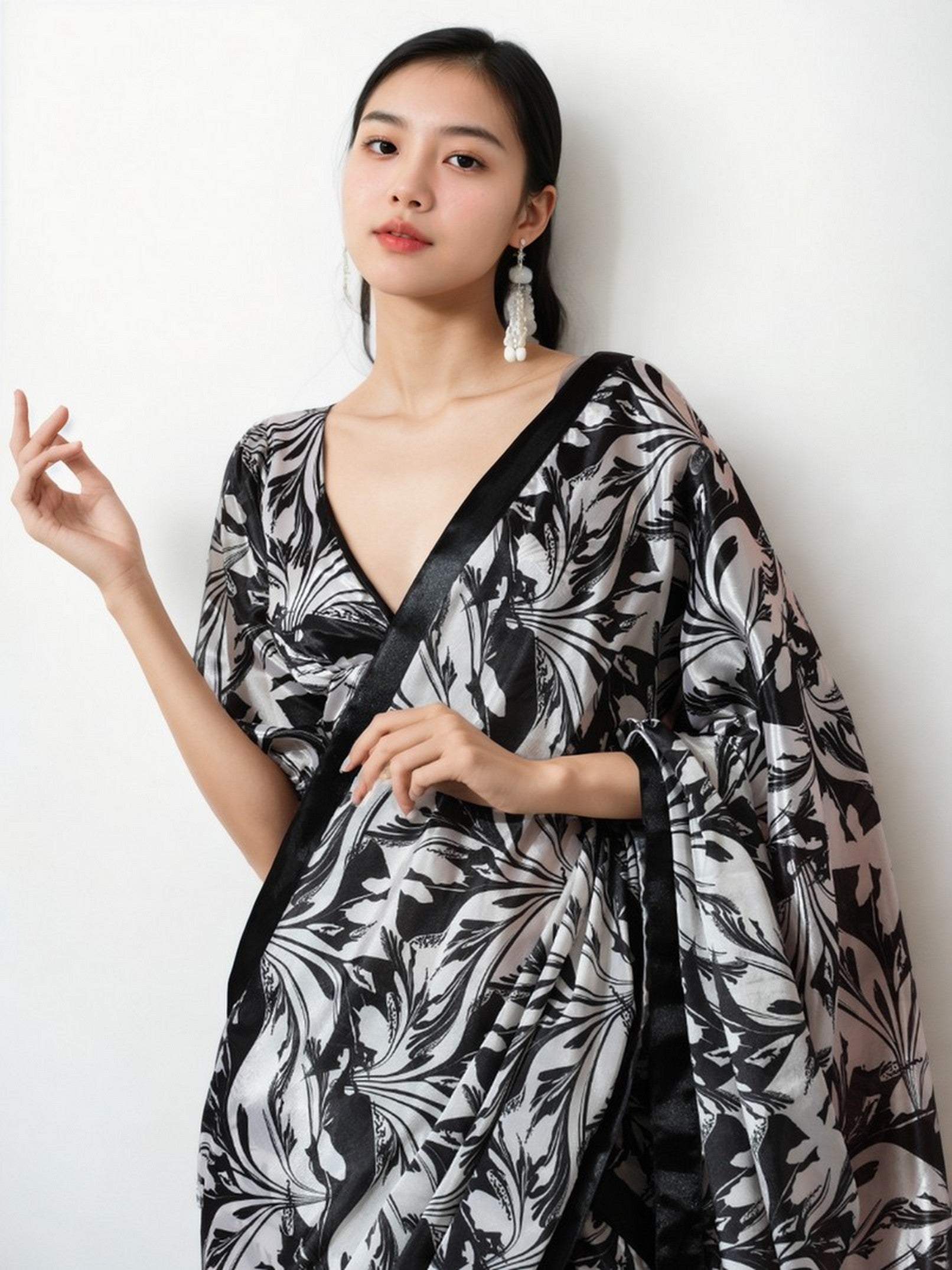 Black Chinnon Digital Print & Lace Border Trendy Ready To Wear Saree