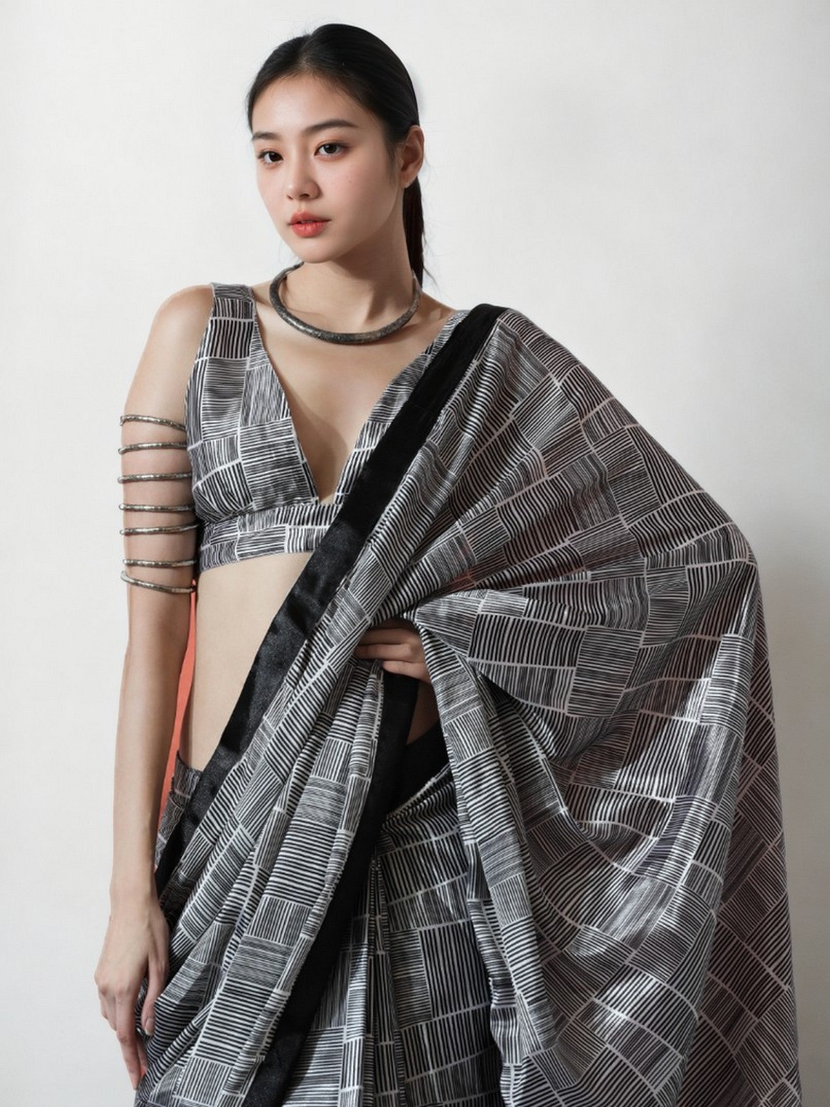 Black Chinnon Digital Print & Lace Border Trendy Ready To Wear Saree