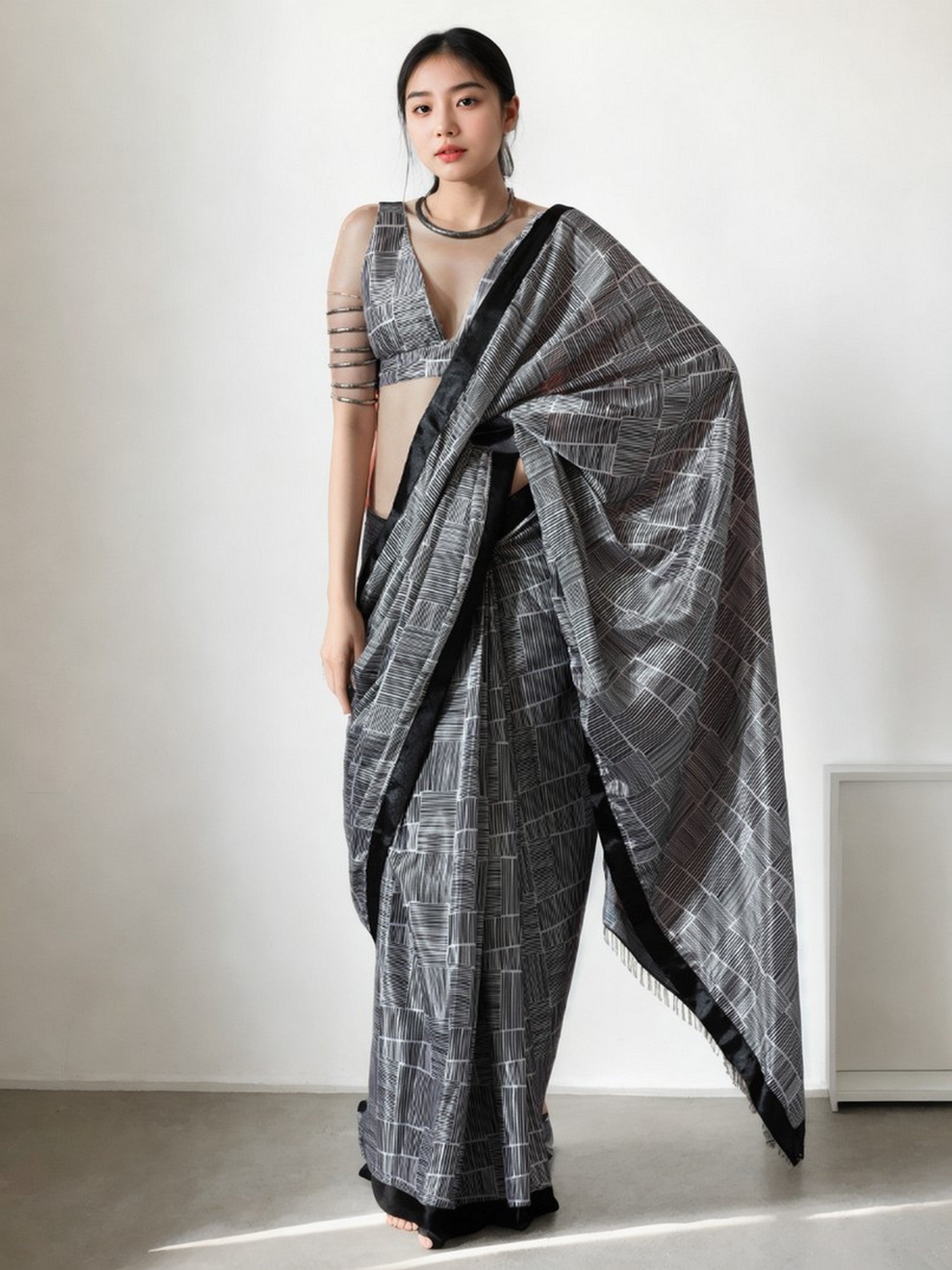 Black Chinnon Digital Print & Lace Border Trendy Ready To Wear Saree