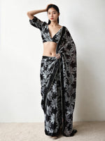 Black Chinnon Digital Print & Lace Border Trendy Ready To Wear Saree