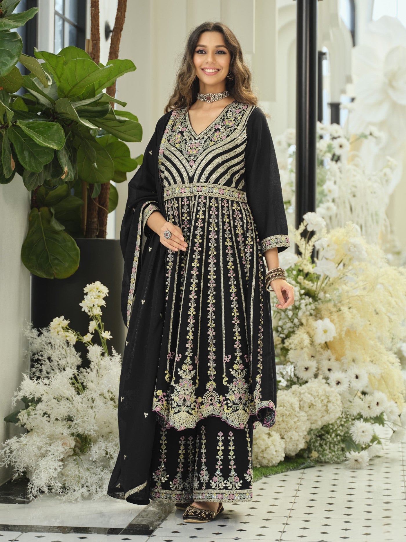 Black Chinon Designer Suit Set With Elegant Embroidery